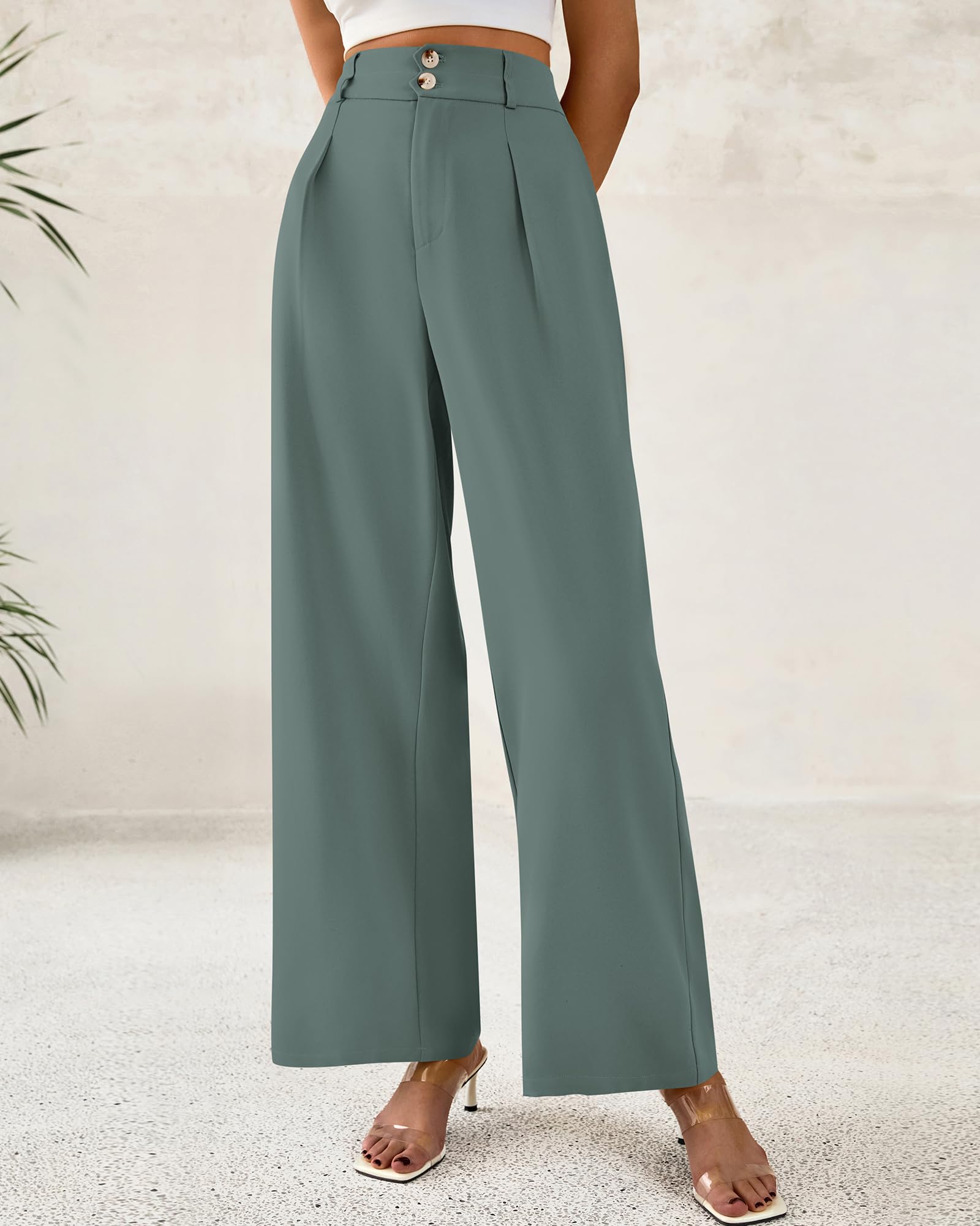 BTFBM Women Wide Leg Dress Pants High Waisted Button Pleated Business Casual Trousers Office Work Palazzo Pants