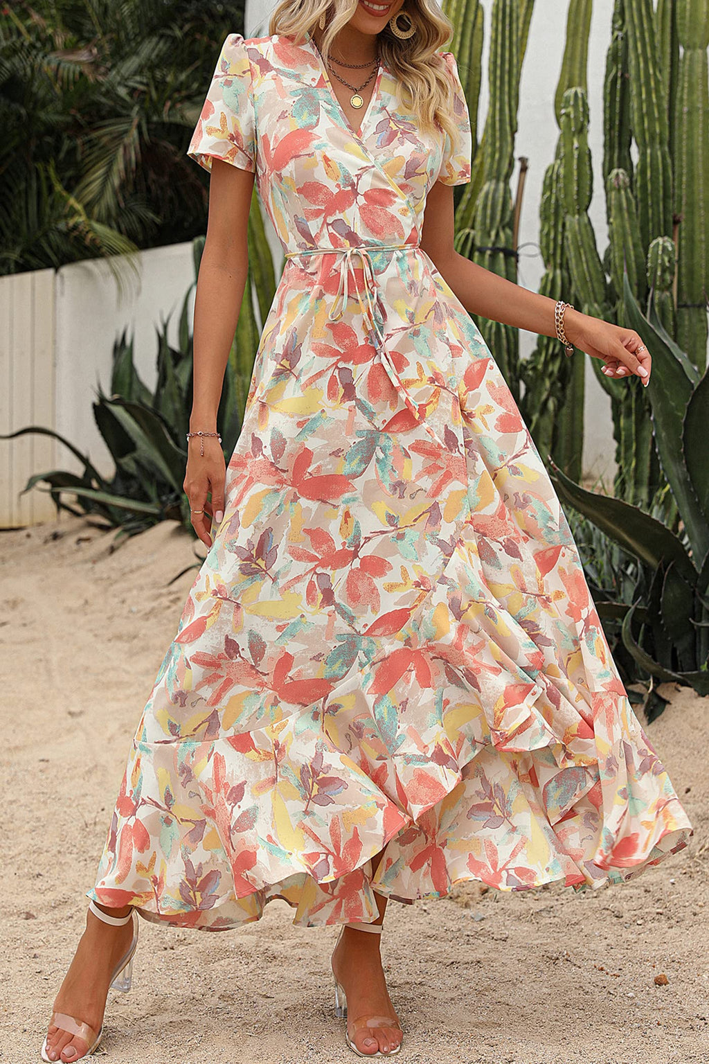 PRETTYGARDEN Women's Summer Maxi Dress Casual Wrap Floral Boho Short Sleeve V Neck Split Ruffle Beach Long Dresses