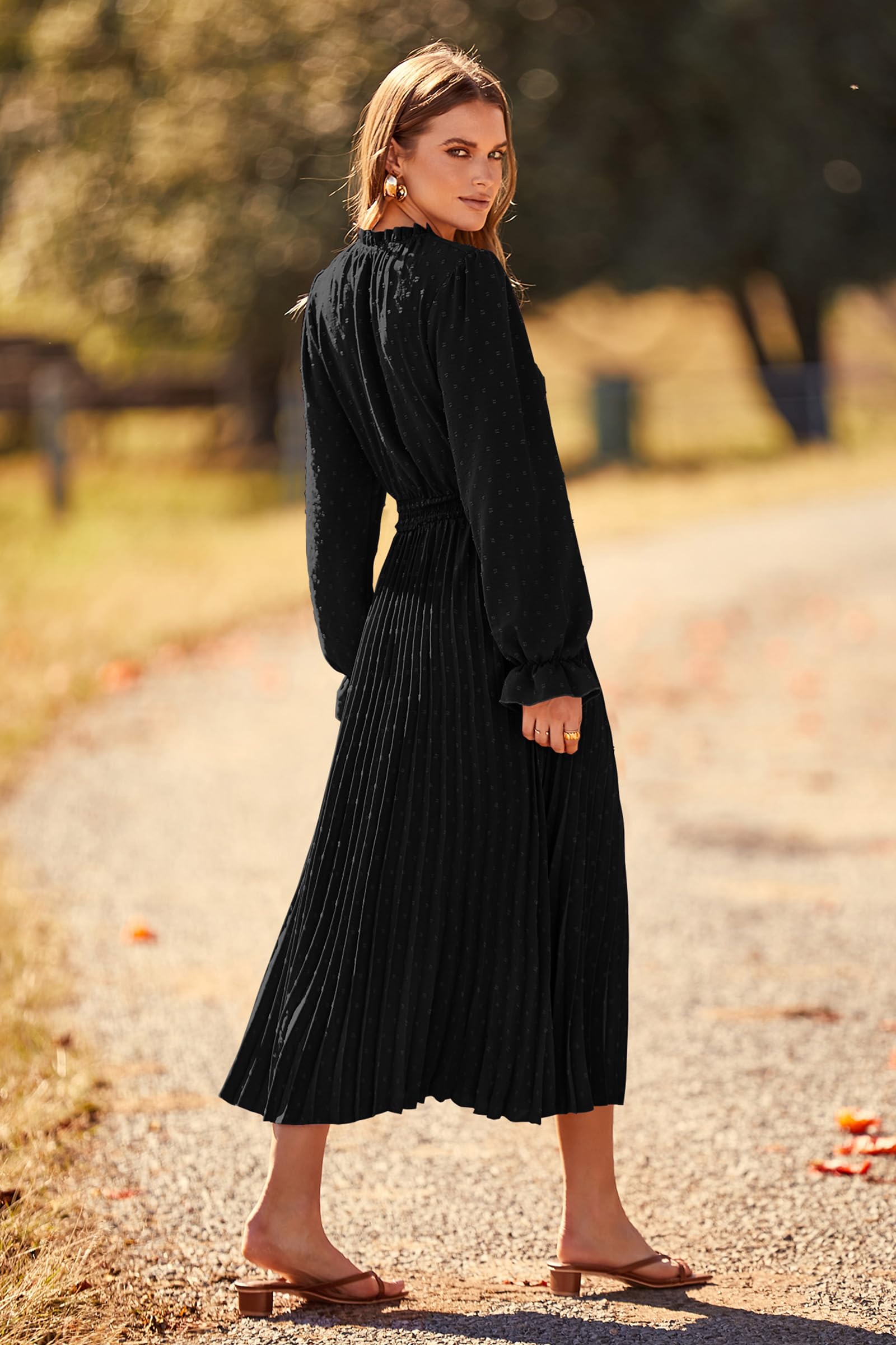 PRETTYGARDEN Women's Spring Fall Midi Dress Casual Long Sleeve V Neck Swiss Dot Pleated A Line Flowy Dresses