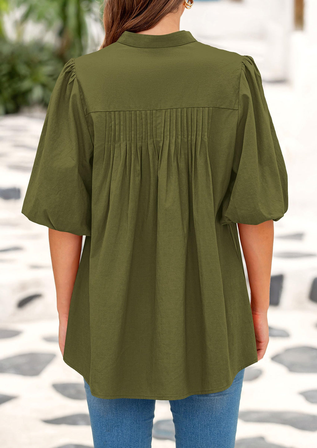 PRETTYGARDEN Women's  Summer Short Lantern Sleeve Tops Loose Fit Button Down Shirt Pleated V Neck Blouses Trendy Clothes