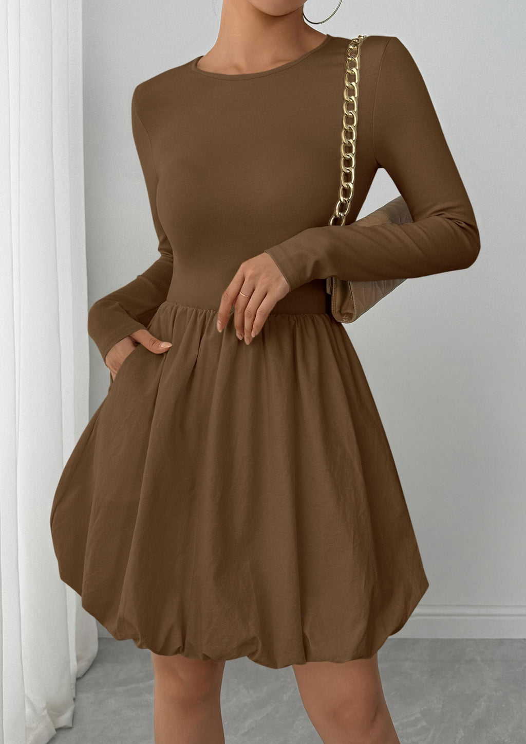 PRETTYGARDEN Fall Dresses for Women Casual Long Sleeve Bubble Cute Crew Neck A Line Mini Short Dress with Pockets