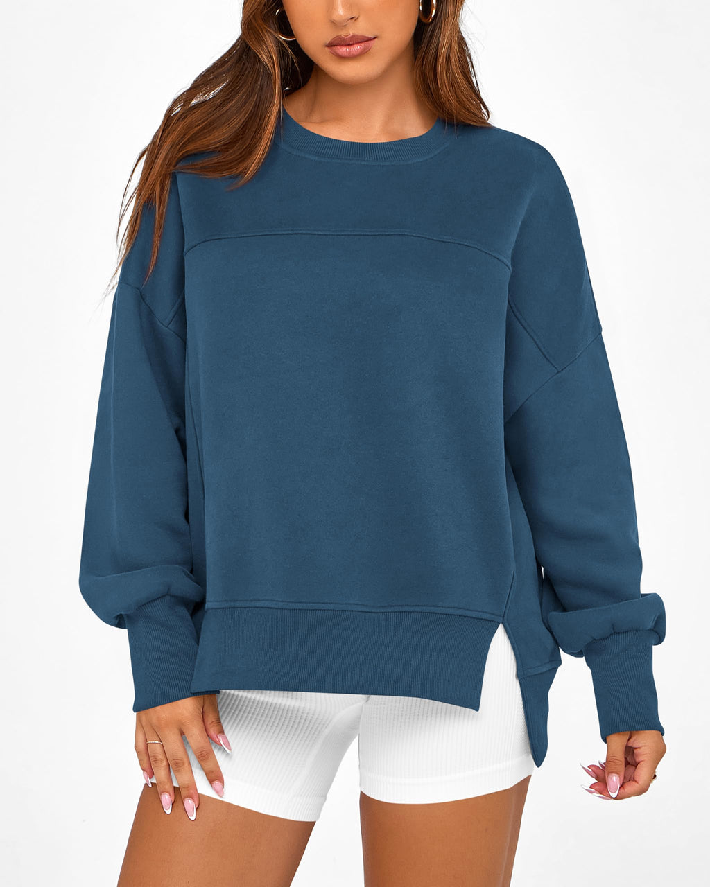BTFBM Women's Casual Crewneck Sweatshirts Spring Long Sleeve Side Slit Workout Fleece Pullover Top Fashion Clothing