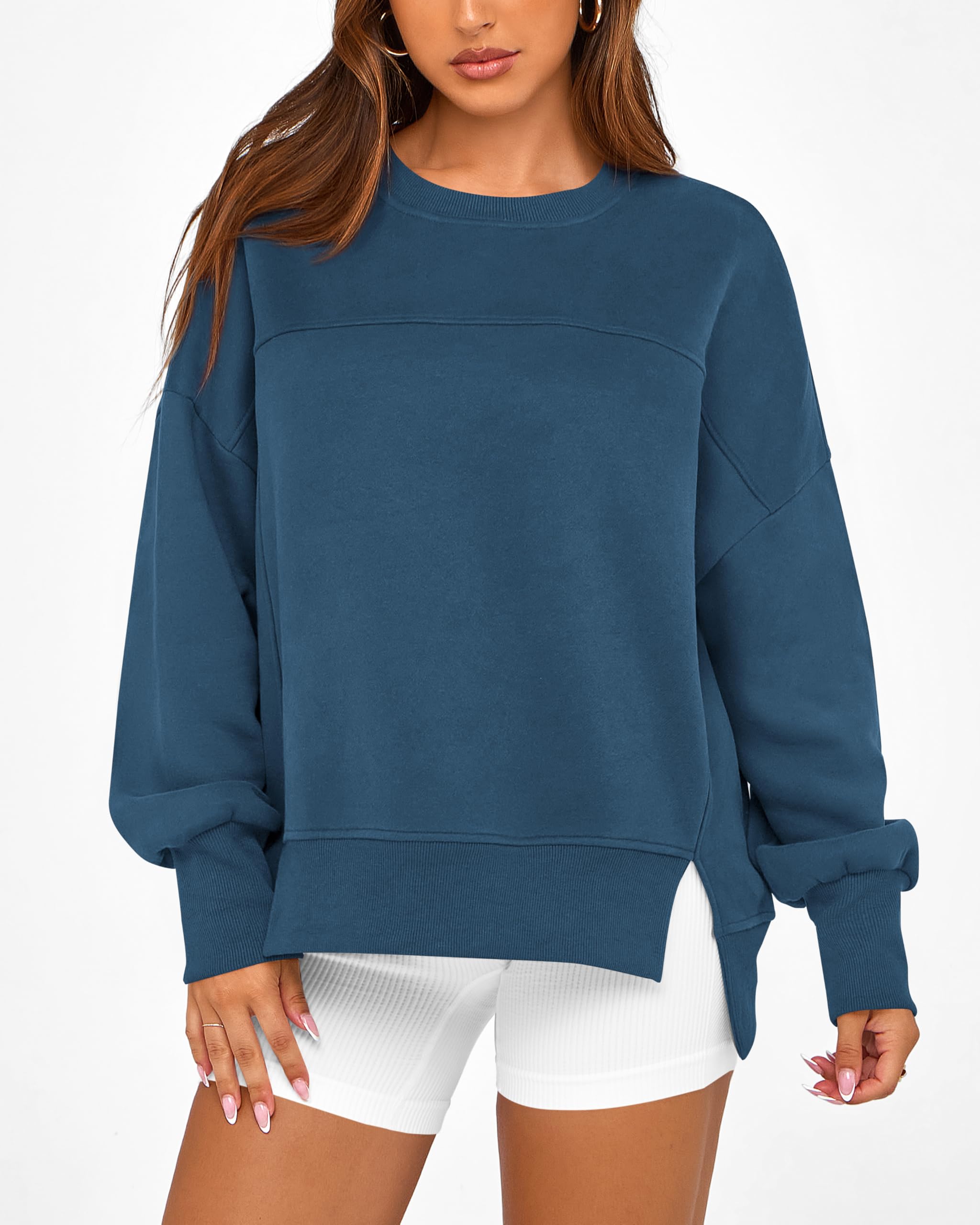 BTFBM Women's Casual Crewneck Sweatshirts Spring Long Sleeve Side Slit Workout Fleece Pullover Top Fashion Clothing