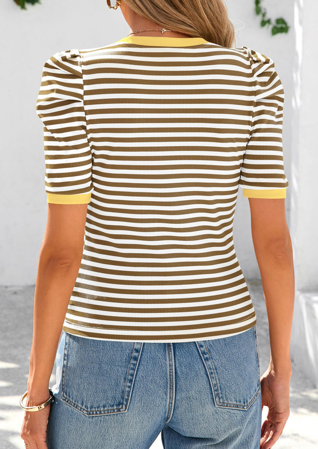 PRETTYGARDEN Women's Summer Puff Sleeve Tops Casual Ribbed Knit Crop Top Color Block Trendy Crewneck Striped Shirts