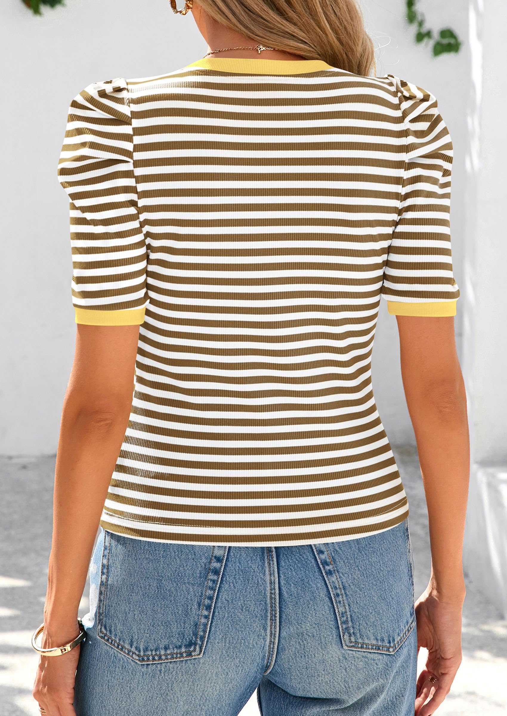 PRETTYGARDEN Women's Summer Puff Sleeve Tops Casual Ribbed Knit Crop Top Color Block Trendy Crewneck Striped Shirts
