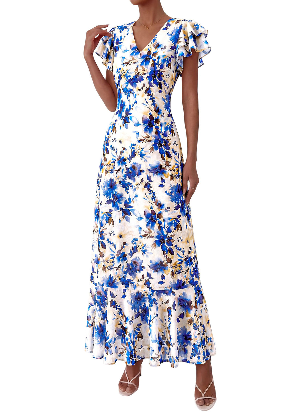 PRETTYGARDEN Womens Summer Floral Maxi Dresses Spring Short Sleeve Ruffle V Neck Flowy Boho Long Beach Vacation Sundress