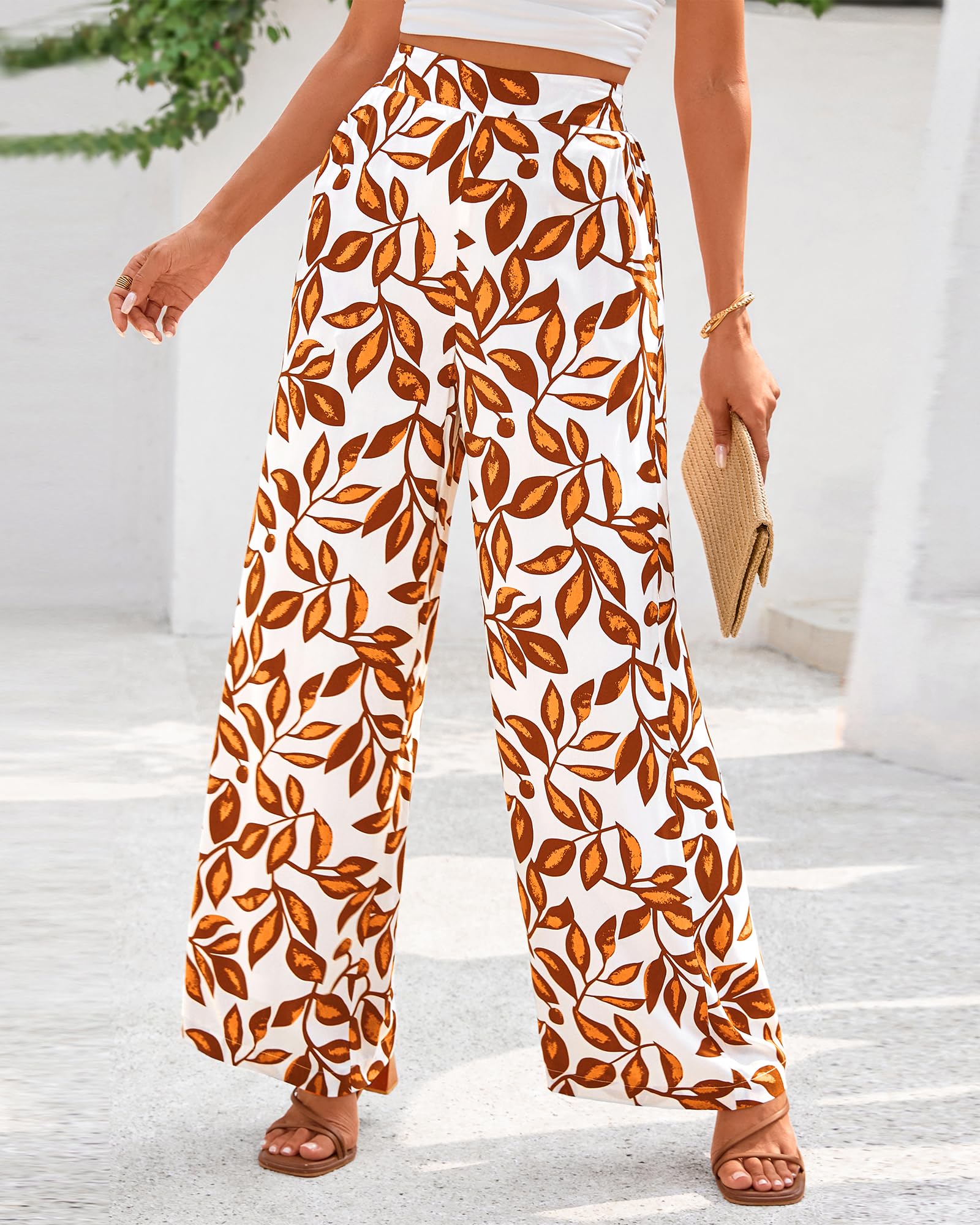 BTFBM Womens Pants Pockets Boho Printed Elastic Waist Wide Leg Palazzo Pants for Women Work Beach Vacation Clothes