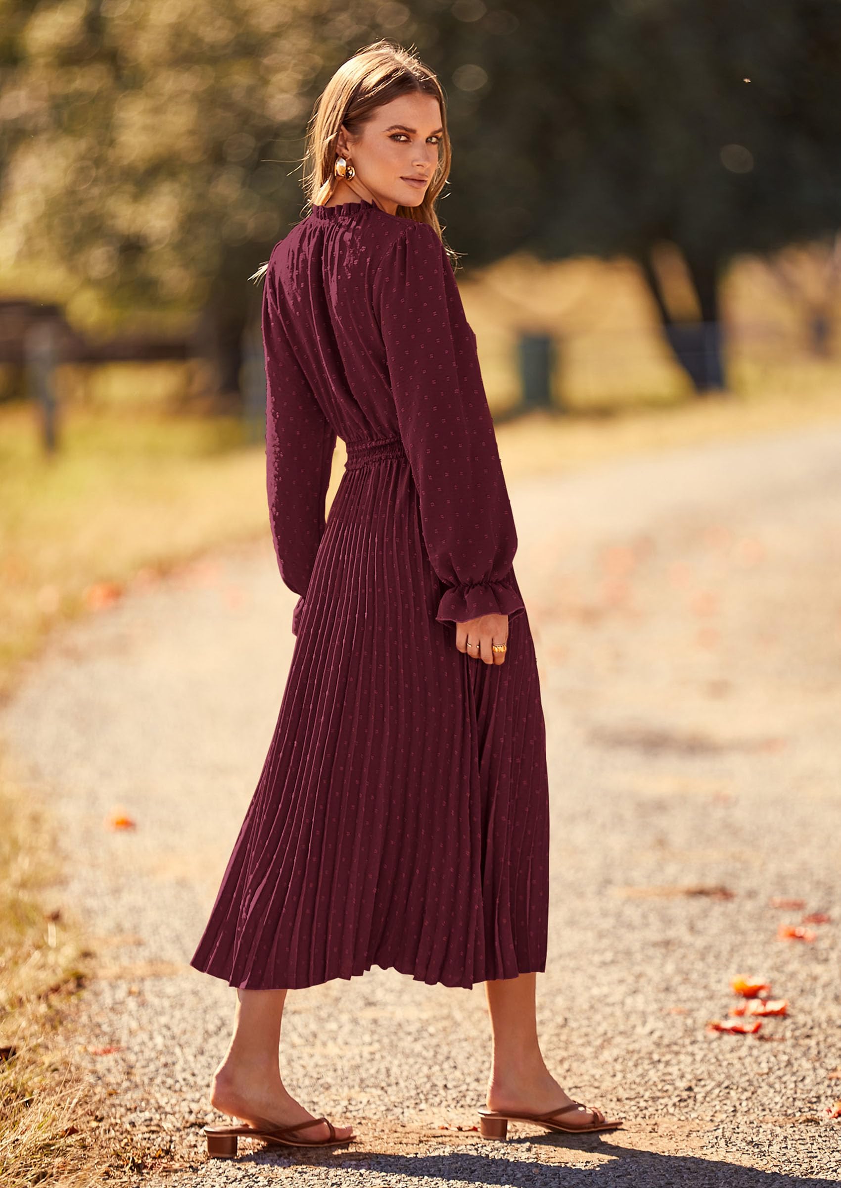 PRETTYGARDEN Women's Spring Fall Midi Dress Casual Long Sleeve V Neck Swiss Dot Pleated A Line Flowy Dresses