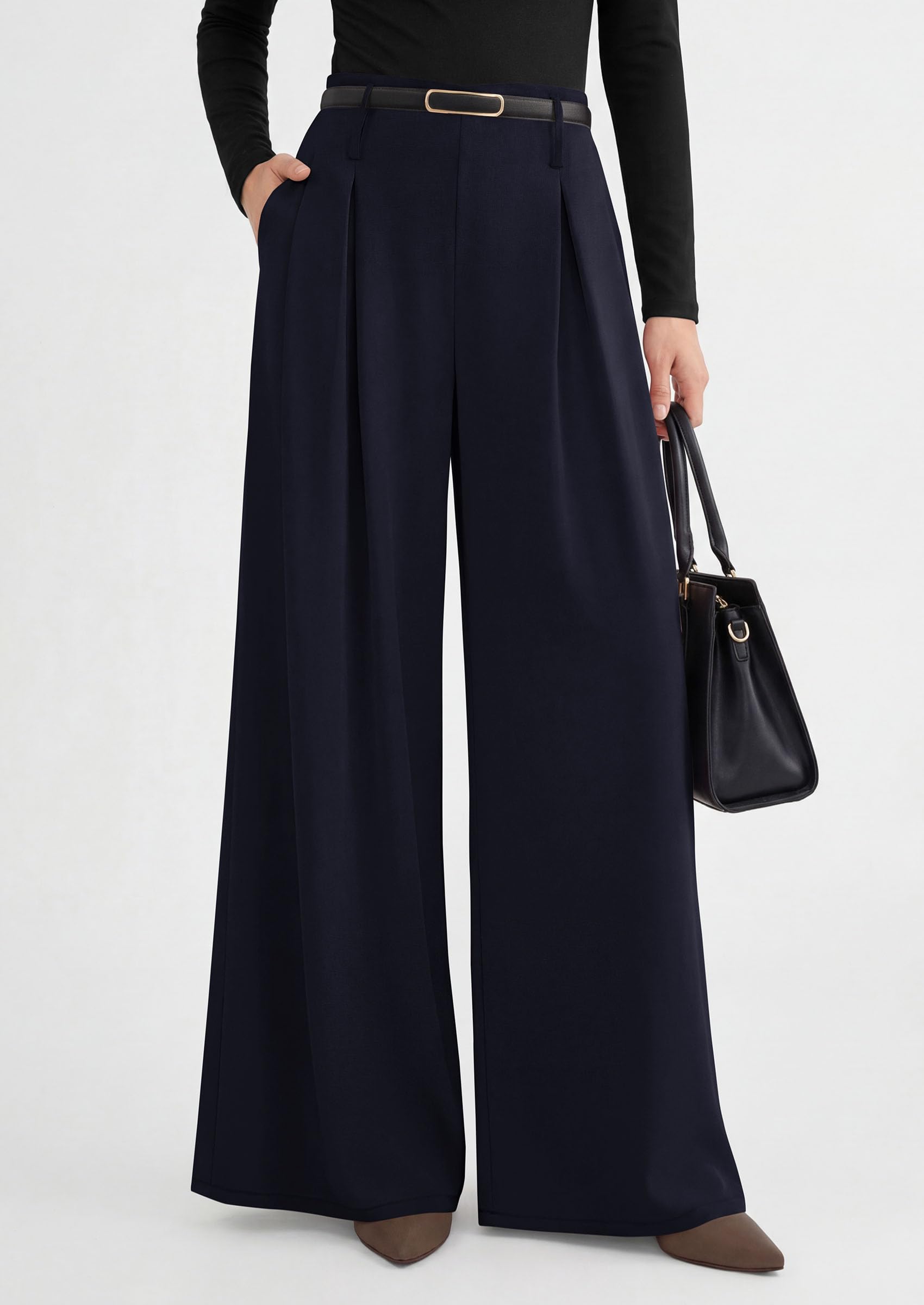 PRETTYGARDEN Womens Spring Wide Leg Trousers High Elastic Waist Loose Pleated Long Flowy Palazzo Work Pants with Pockets