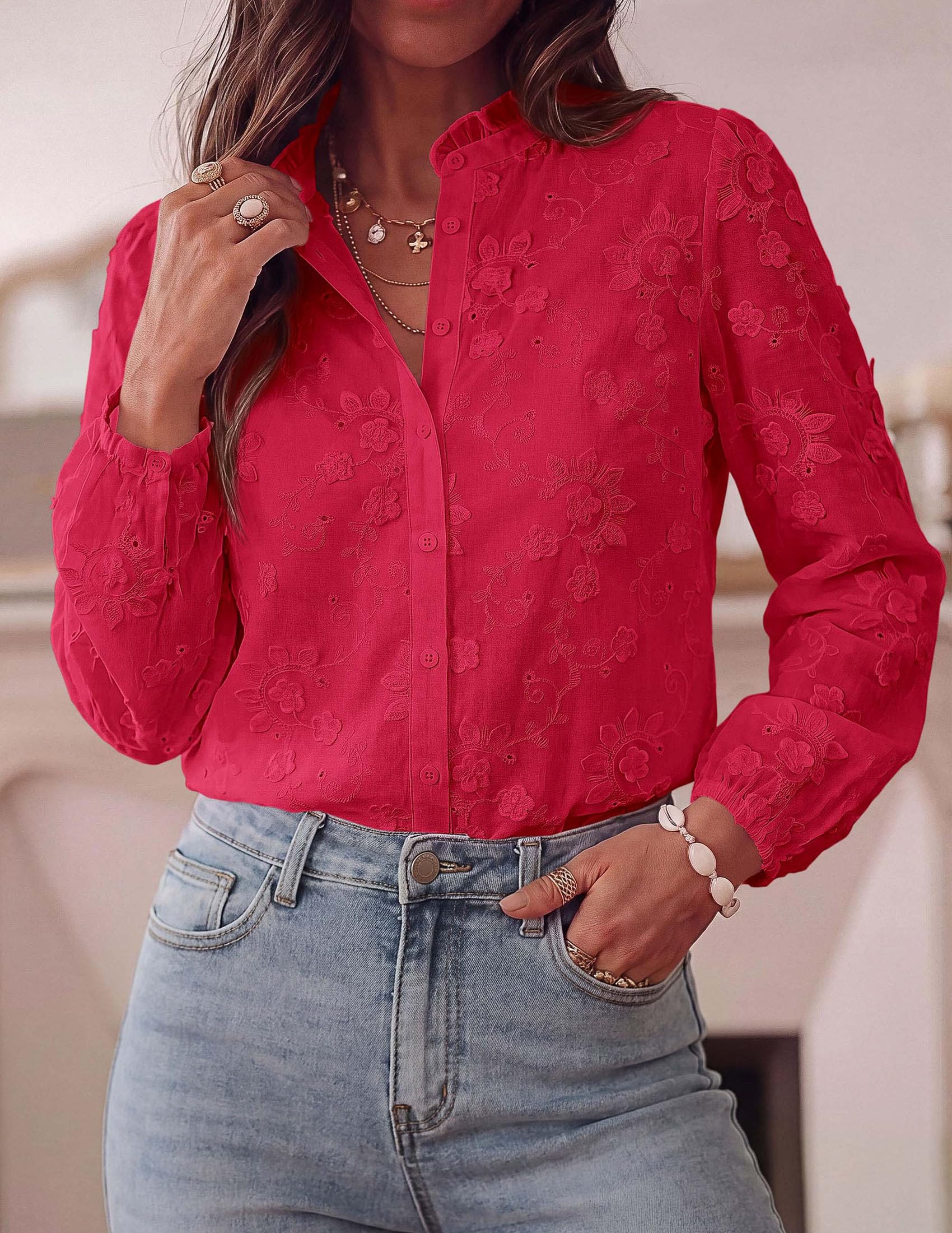 PRETTYGARDEN Women's Floral Embroidered Button Down Shirts | Ladies Dressy Fall Blouses, Long Sleeves, Ruffle Neck, Elegant Boho Eyelet Tops for Work, Business & Spring Casual Outings