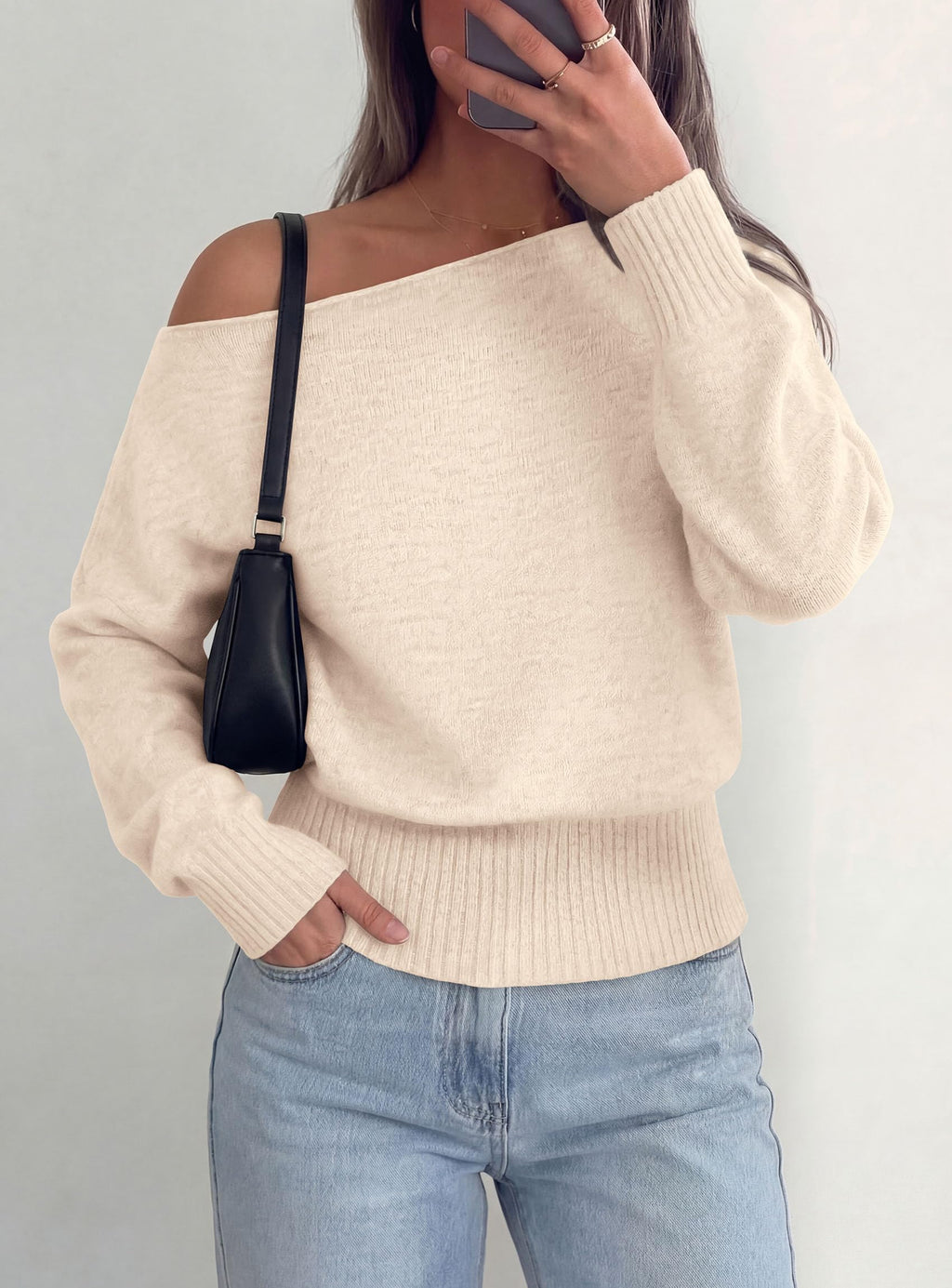 PRETTYGARDEN Womens Off The Shoulder Sweater Fall Fashion Soft Stretchy Knit Fabric, Batwing Long Sleeve Cinched Waist Cropped Sweaters, Date Night Outfit, Asymmetrical Going Out Tops