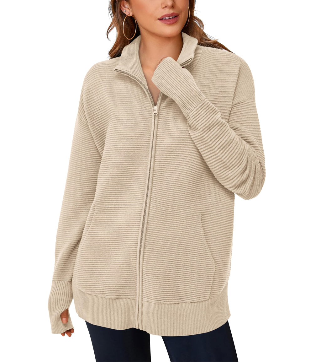 PRETTYGARDEN Womens Fall Long Sleeve Zip Up Cardigan Sweaters Casual Loose Collared Ribbed Knit Tops Jackets Thumb Hole