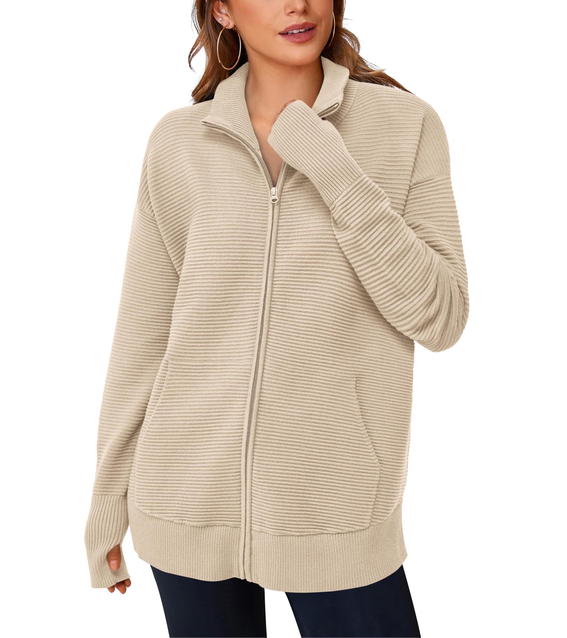 PRETTYGARDEN Womens Fall Long Sleeve Zip Up Cardigan Sweaters Casual Loose Collared Ribbed Knit Tops Jackets Thumb Hole