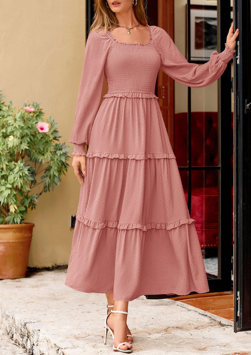 PRETTYGARDEN Fall Dresses for Women Long Sleeve Smocked Square Neck Swiss Dot Tiered Flowy Wedding Guest Maxi Dress