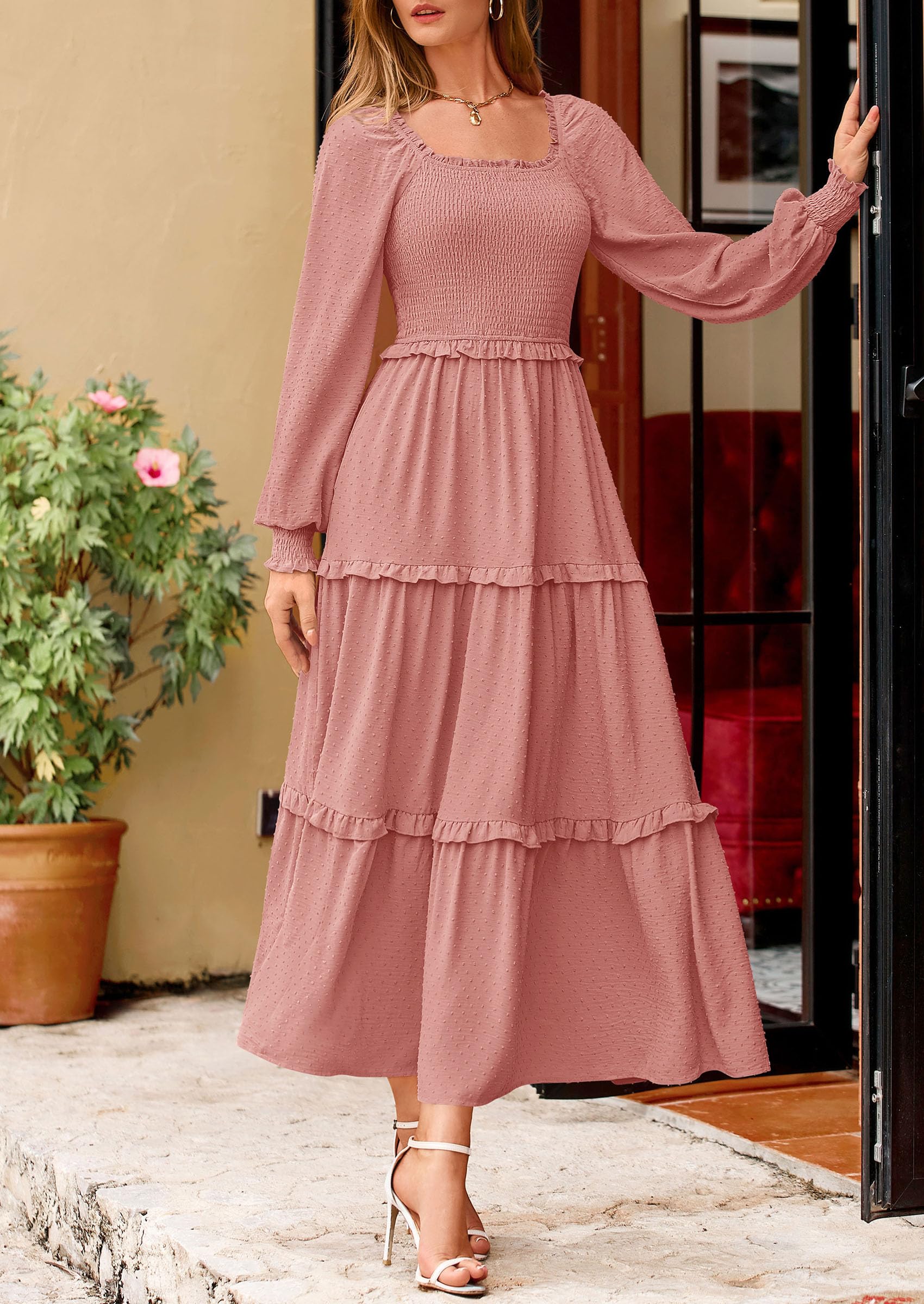 PRETTYGARDEN Fall Dresses for Women Long Sleeve Smocked Square Neck Swiss Dot Tiered Flowy Wedding Guest Maxi Dress