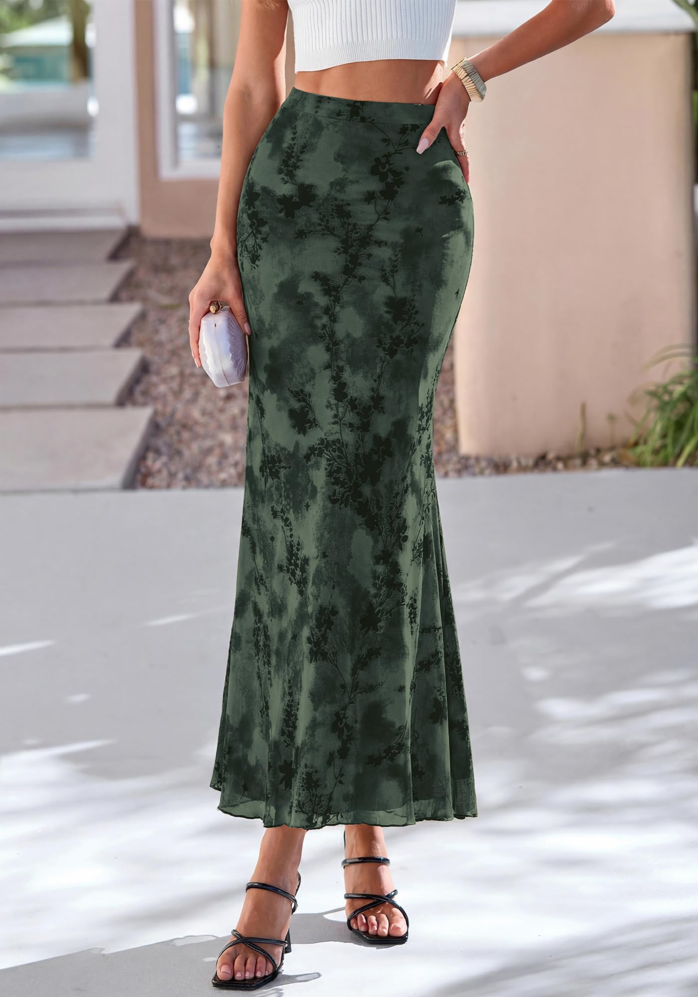 BTFBM Womens Floral Mesh Maxi Skirt Spring Summer Elastic High Waisted Boho Elegant Mermaid Long Skirts for Women