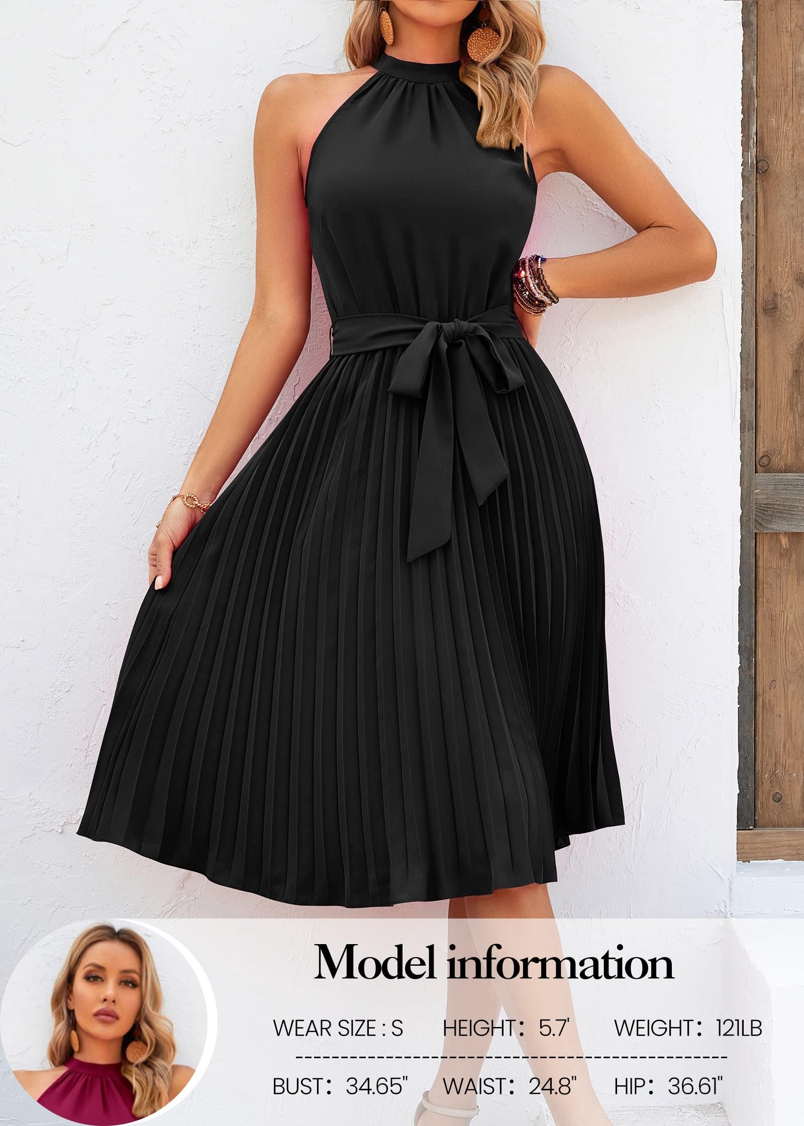 FreshPretty Women's Summer Sleeveless Halter Neck Pleated Midi Cocktail Dresses A Line Flowy Beach Sun Dress with Belt