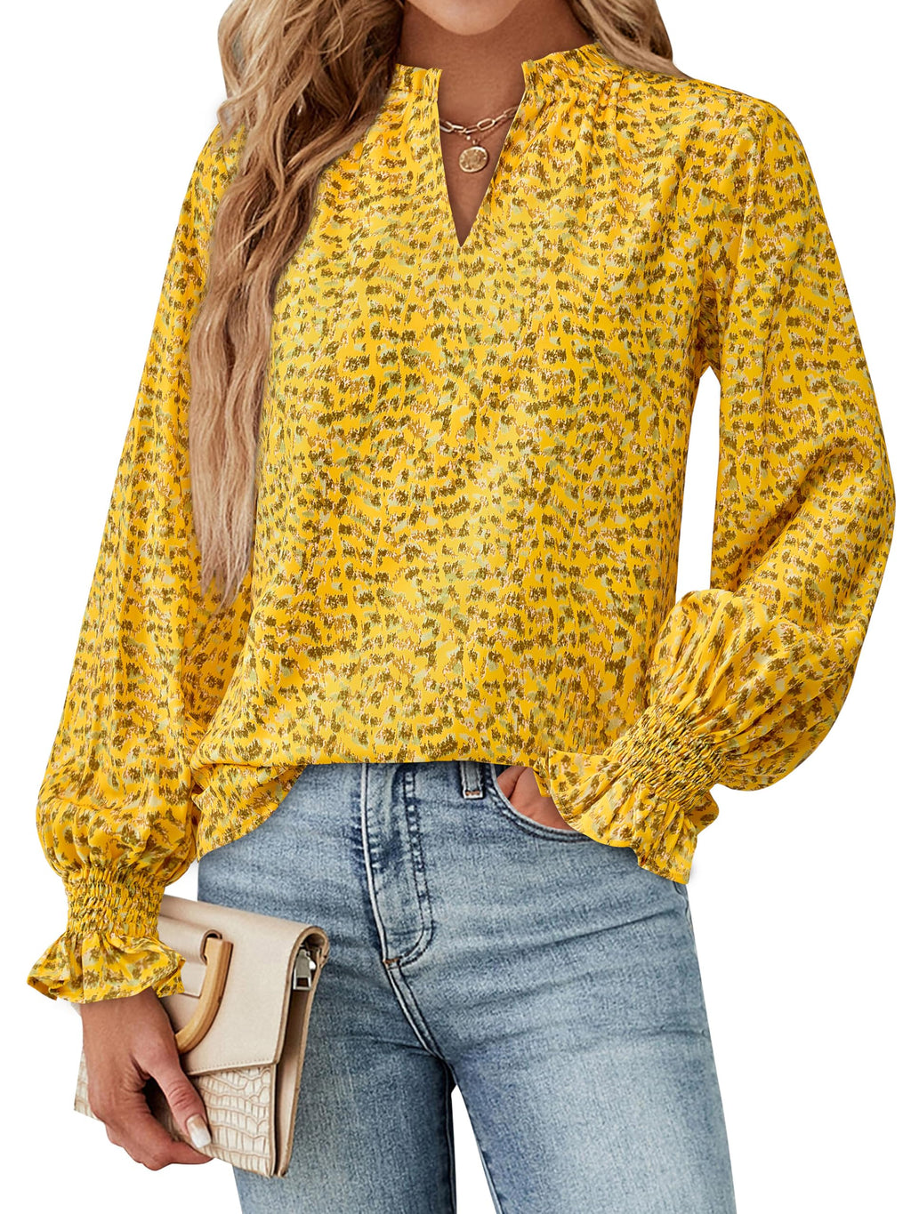 FreshPretty Womens V Neck Floral Long Sleeve Tops Summer Casual Loose Puff Sleeve Chiffon Boho Work Blouse Dressy T Shirts