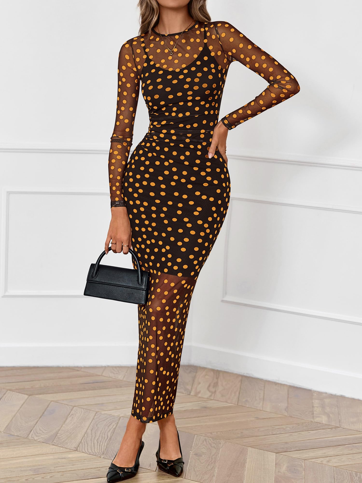 BTFBM Spring Dresses for Women 2 Piece Set Long Sleeve Polka Dot Sexy Bodycon Mesh Dress and Slip Dress Wedding