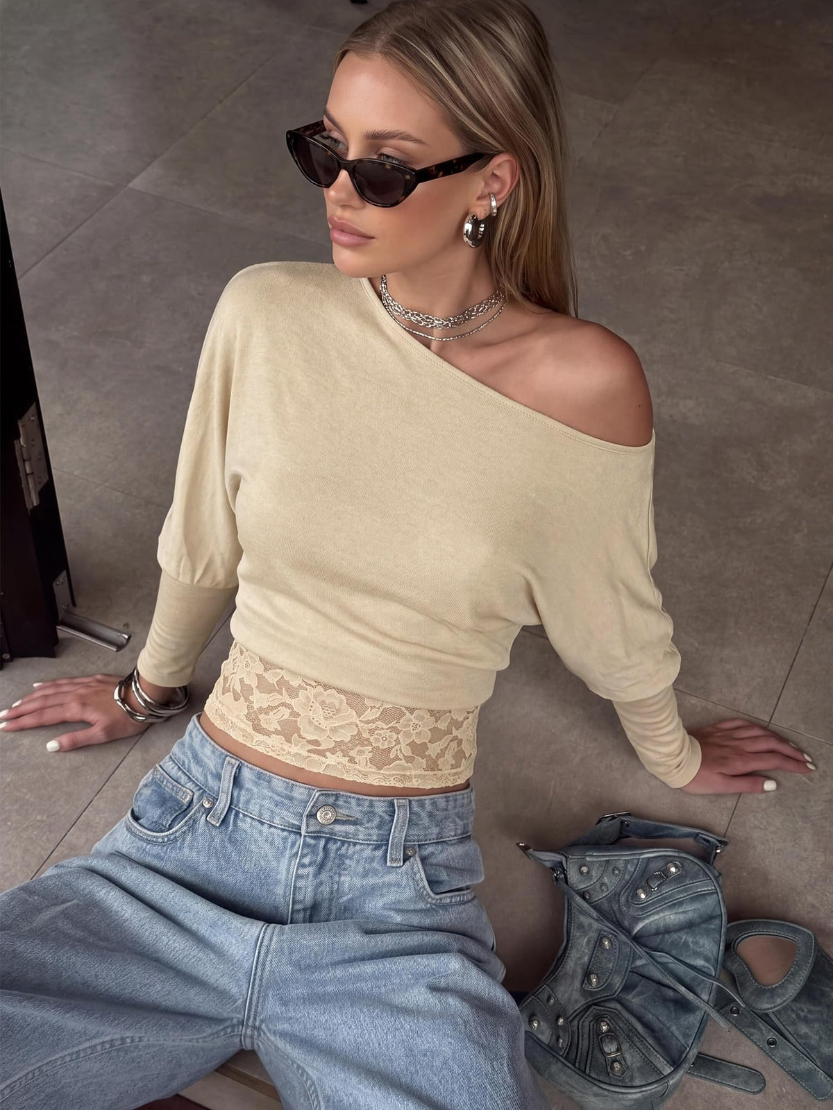 FreshPretty Womens Asymmetrical Off The Shoulder Tops Sexy Fall Outfits Shirts,Feminine Lace Long Sleeve Top,Casual Comfy Fitted Blouse,Trendy Y2K T-Shirt For Going Out Streetwear Fashion Clothing