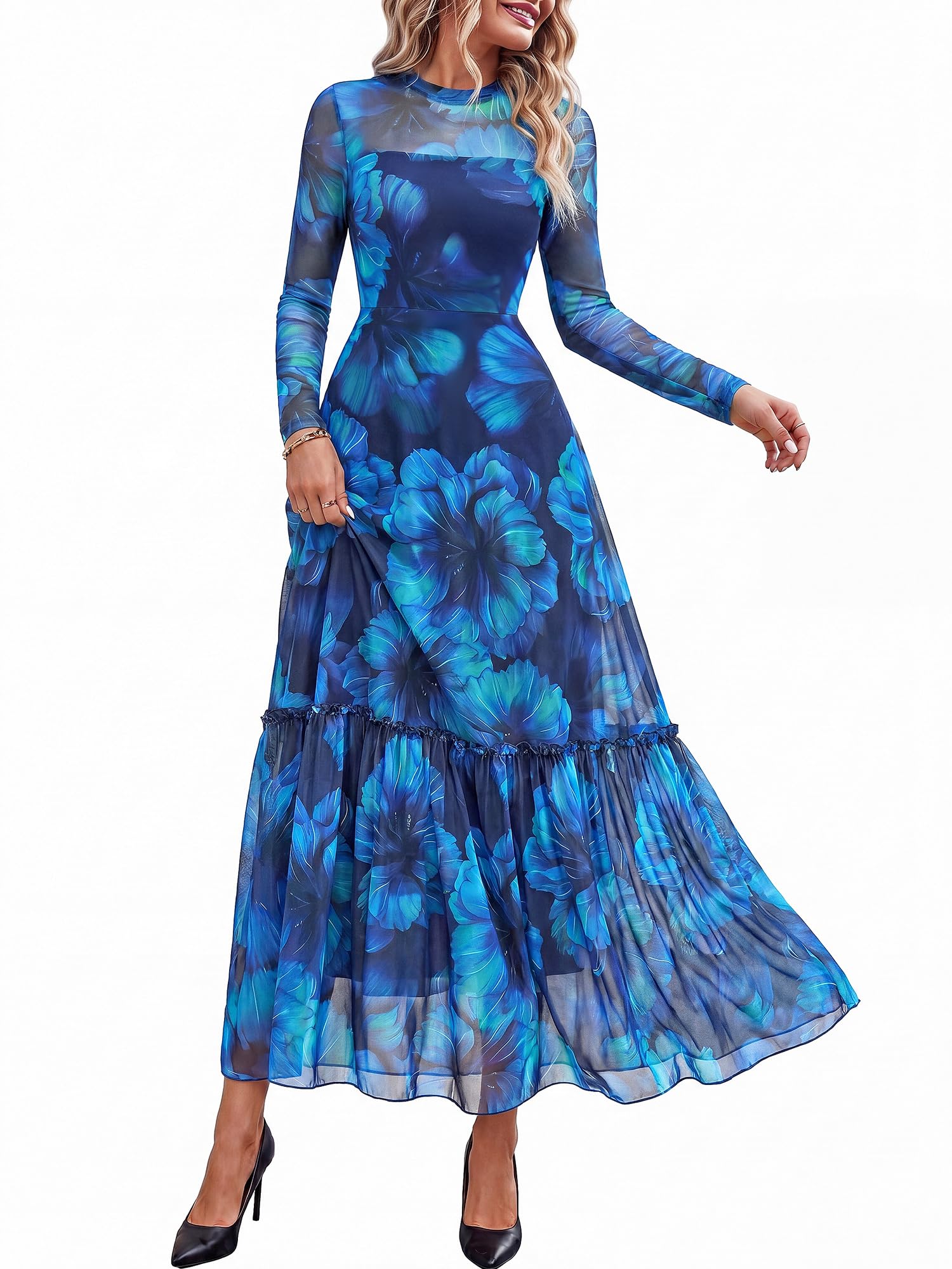 BTFBM Boho Mesh Long Sleeve Dress for Women | Mock Neck, Floral, A Line, Tiered, Graduation, Wedding, Cocktail Maxi Dresses, Fall Fashion, Resort Wear