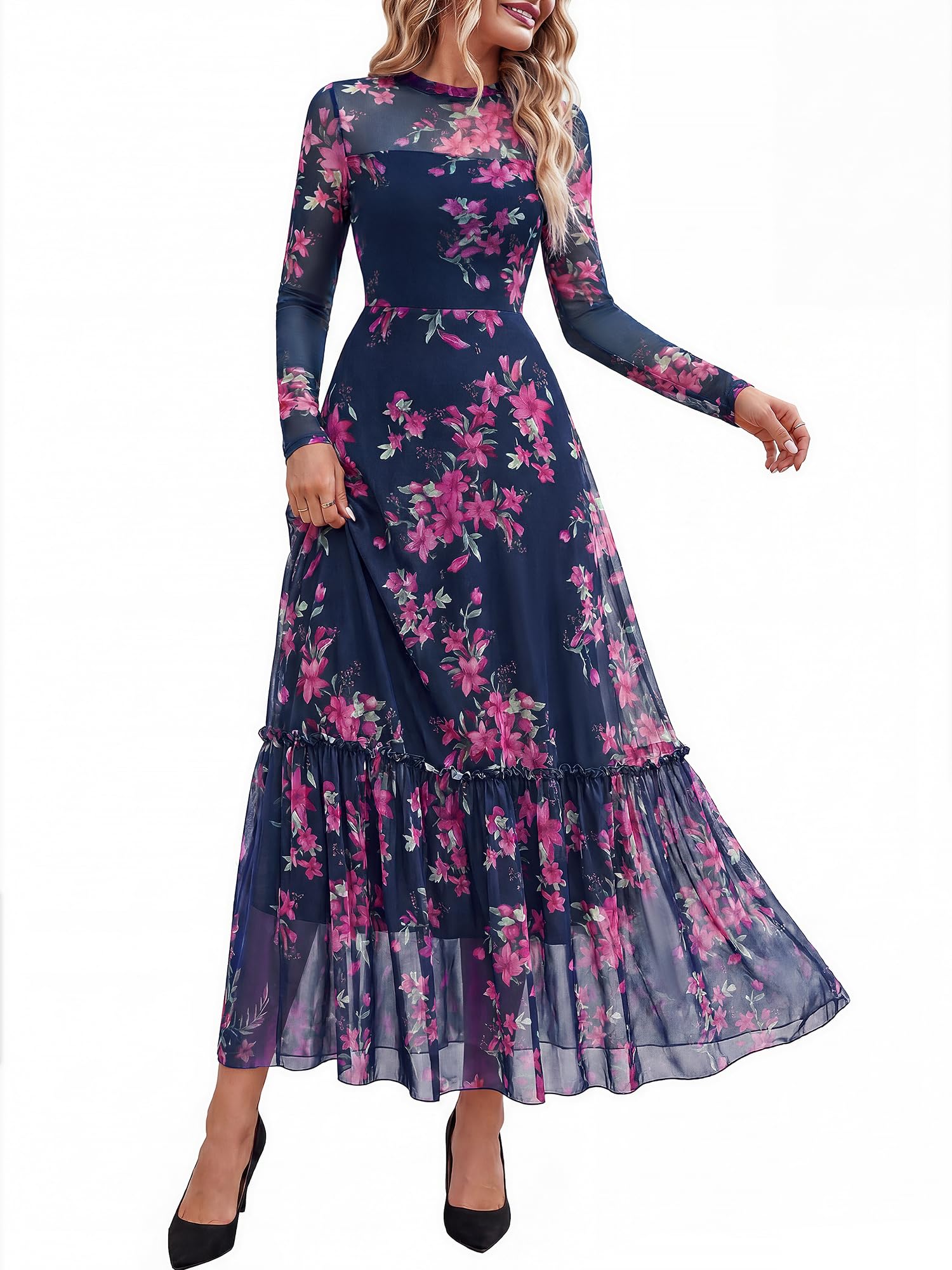 BTFBM Boho Mesh Long Sleeve Dress for Women | Mock Neck, Floral, A Line, Tiered, Graduation, Wedding, Cocktail Maxi Dresses, Fall Fashion, Resort Wear