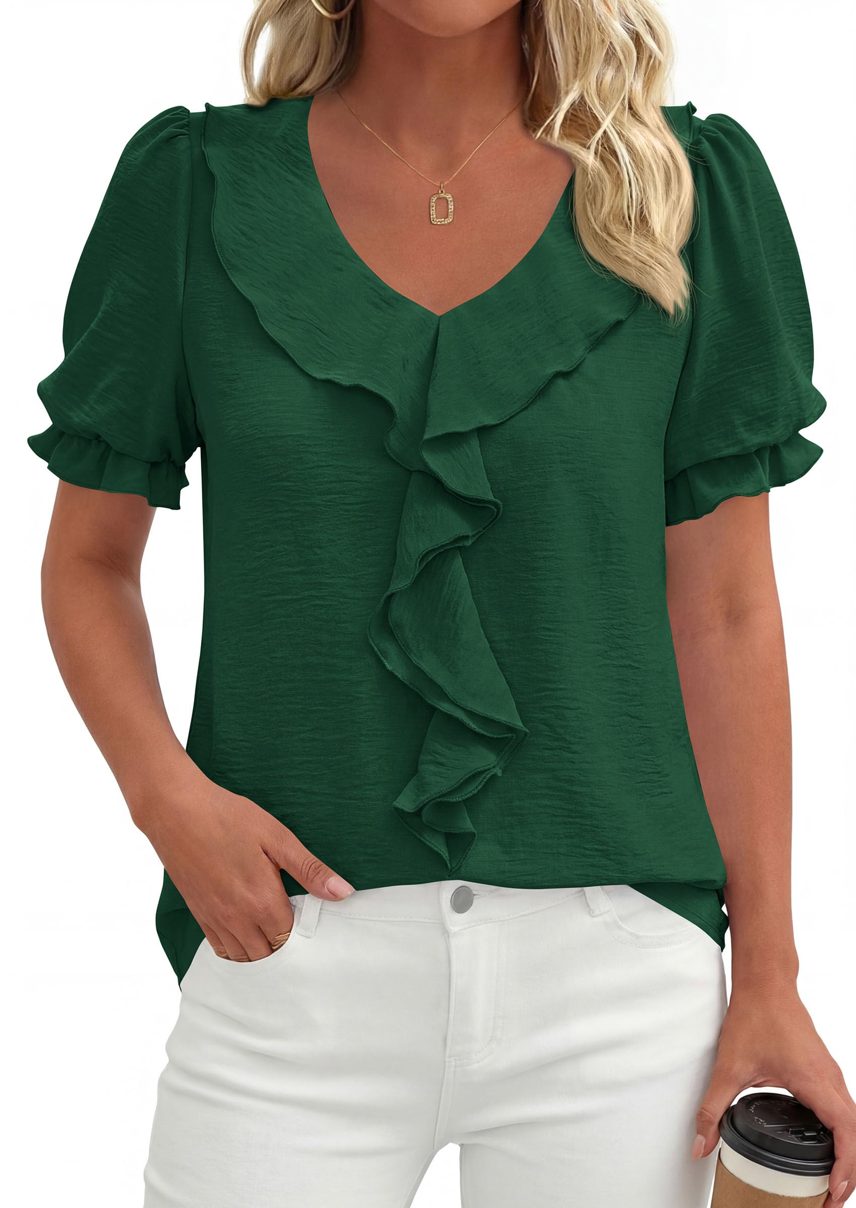 PRETTYGARDEN Women's Summer Dressy Casual Blouses Short Sleeve V Neck Ruffle Business Work Tops Trendy Spring Outfits