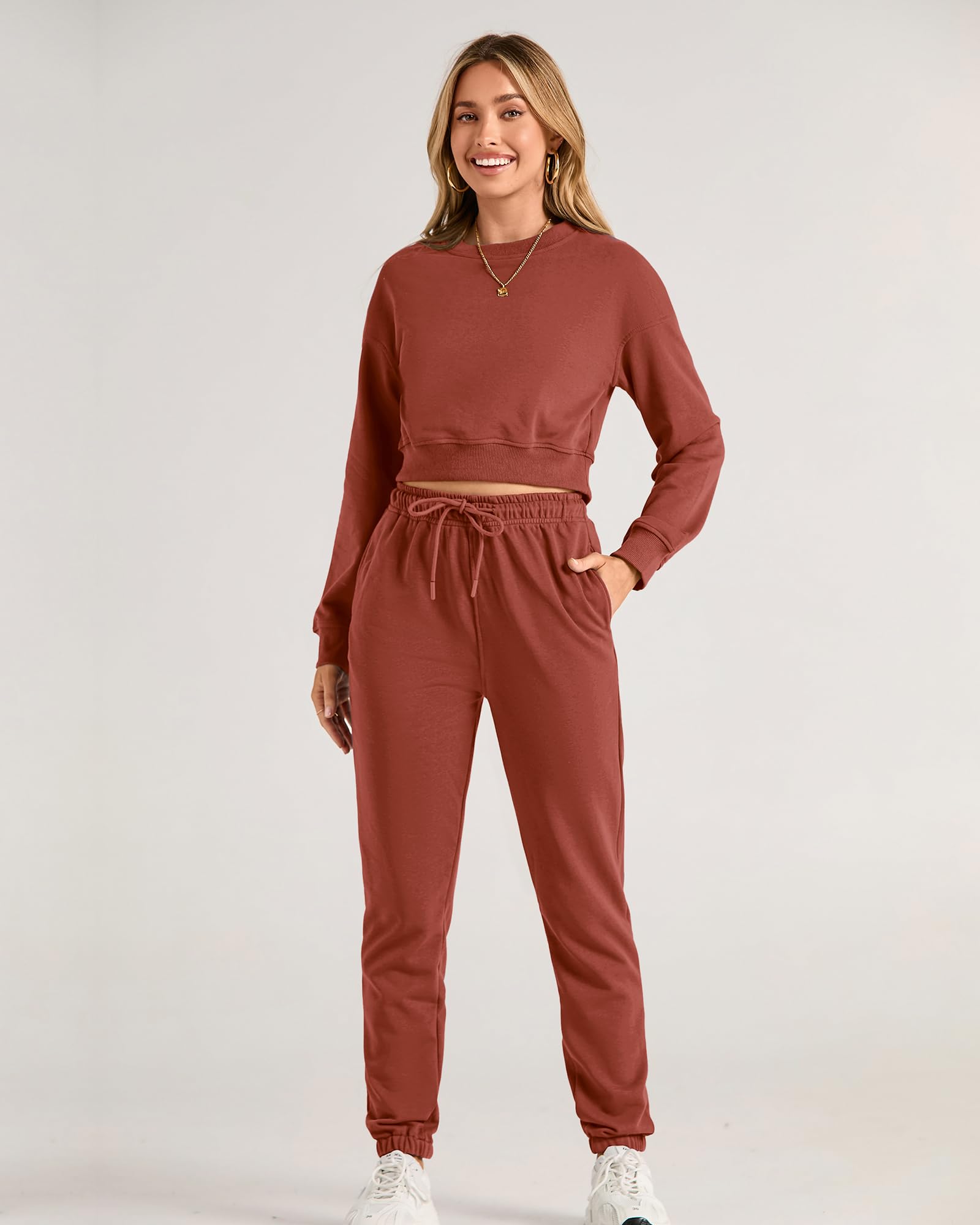 FreshPretty Women 2 Piece Outfits Long Sleeve Crop Top Pullover Drawstring Pant Jogger Set Casual Sweatsuits Tracksuit Pockets