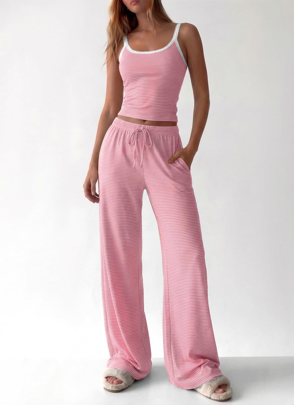 BTFBM Lounge Sets For Women Striped 2 Piece Pajama Sets Spaghetti Strap Tops Wide Leg Pants Beach Vacation Outfits