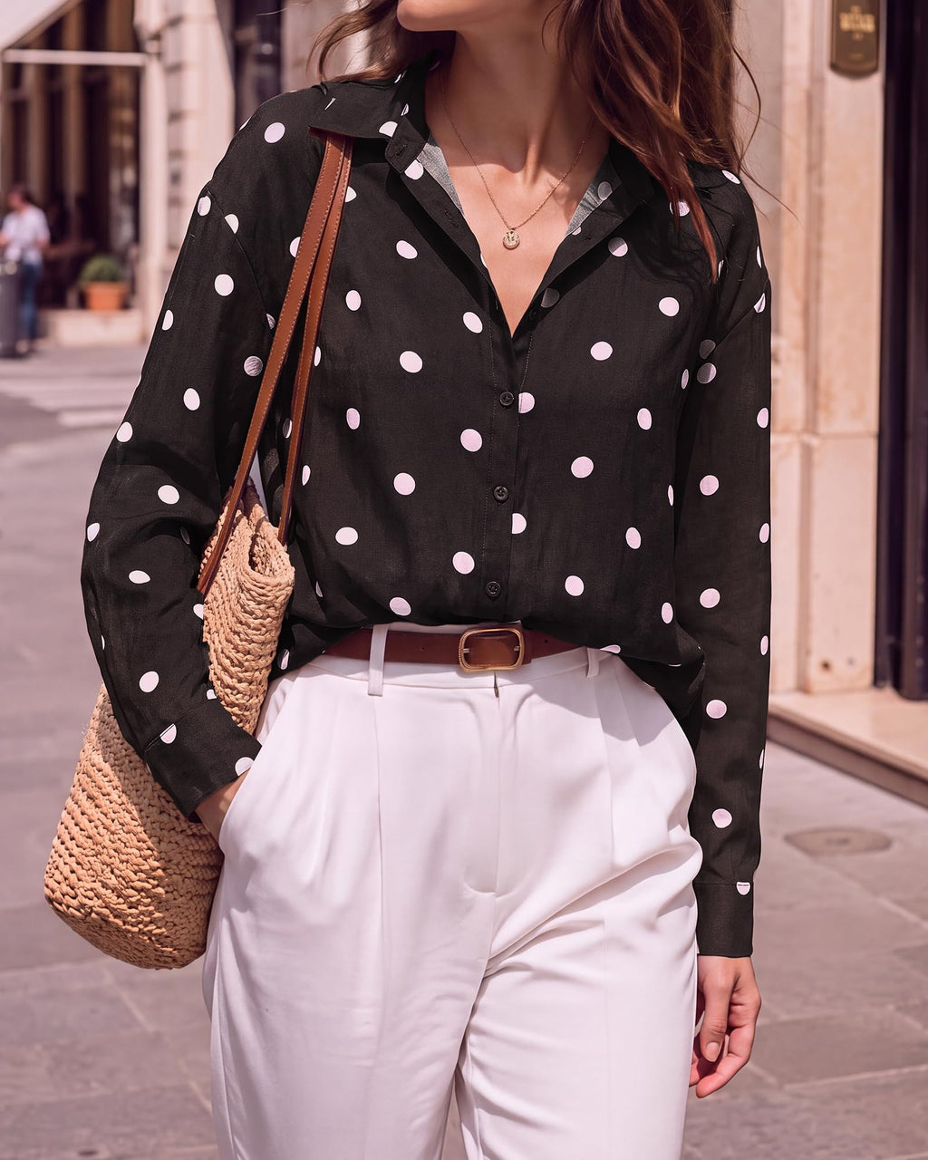 BTFBM Womens Blouses Dressy Casual Floral Long Sleeve Shirts Polka Dot Tops Classic Lapel Collar,Button Cuffs,V Neck Button Down Shirt,Business Casual Outfits,Early Fall Fashion Clothing Trendy