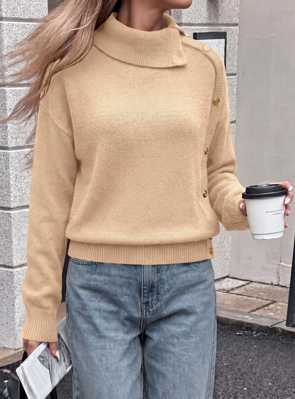 PRETTYGARDEN Womens Turtleneck Sweater Pullover Side Button Fall Clothes Stretchy Knit,Dropped Shoulder,Ribbed Cuffs,Asymmetrical,Jumper Long Sleeve Tops,Work Offices