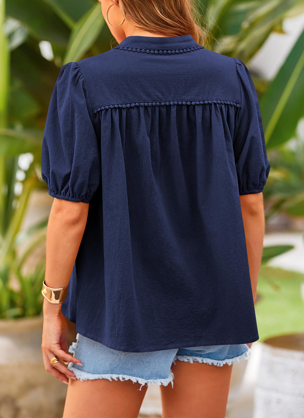 PRETTYGARDEN Women's Summer Button Down Shirts Short Lantern Sleeve V Neck Cotton Cute Dressy Casual Ladies Tops Blouses
