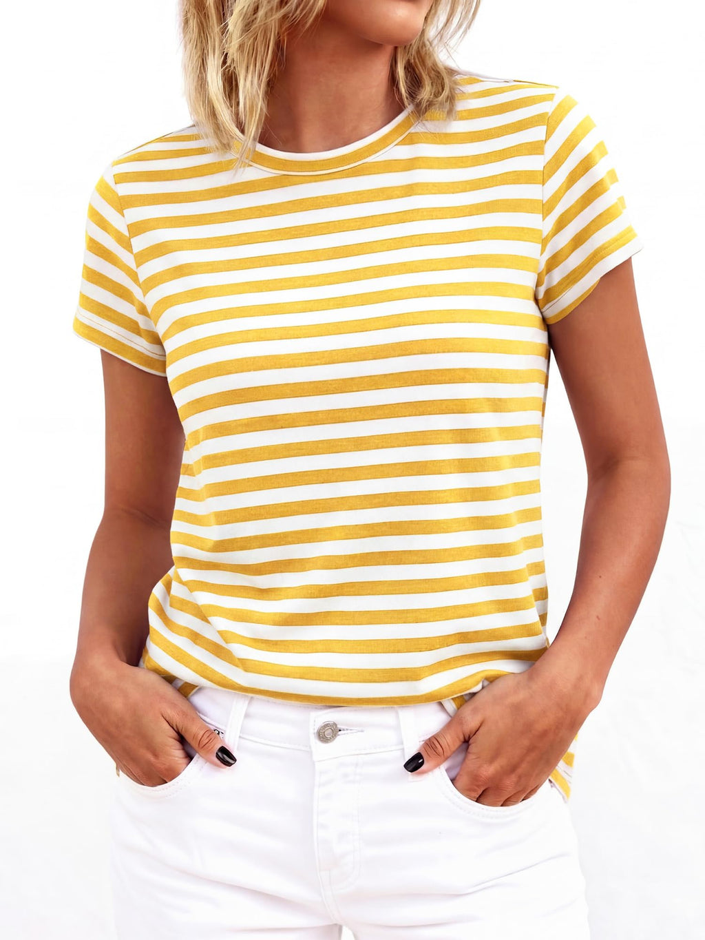 BTFBM Tops for Women Trendy Summer Crew Neck Short Sleeve T Shirts Striped Casual Vacation Blouse Basic Tee