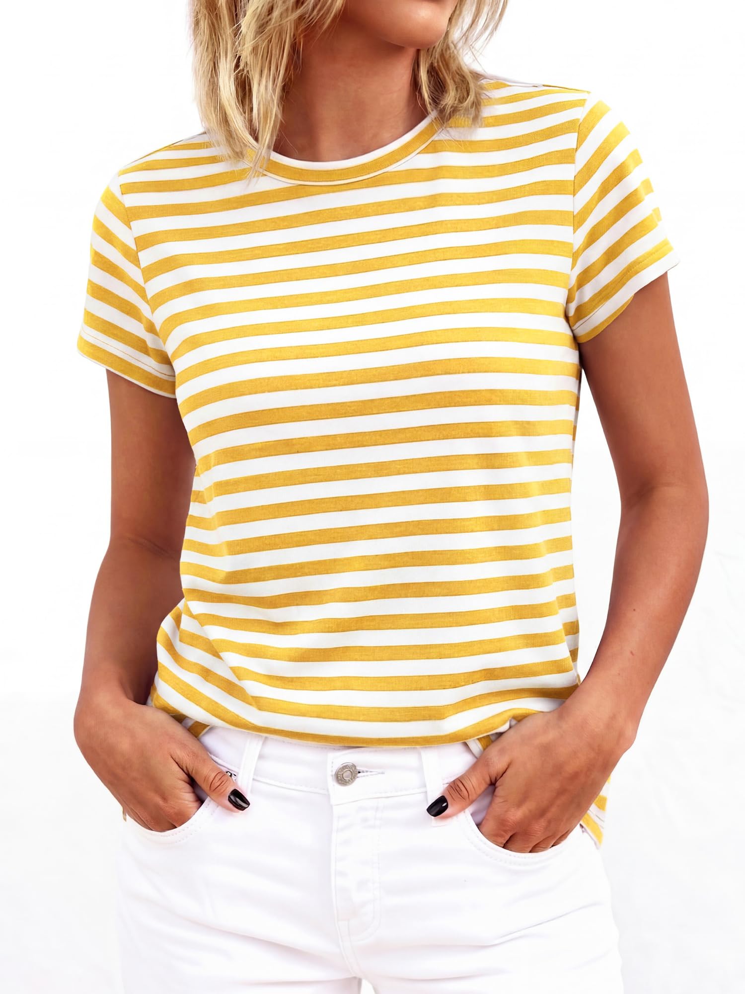 BTFBM Tops for Women Trendy Summer Crew Neck Short Sleeve T Shirts Striped Casual Vacation Blouse Basic Tee