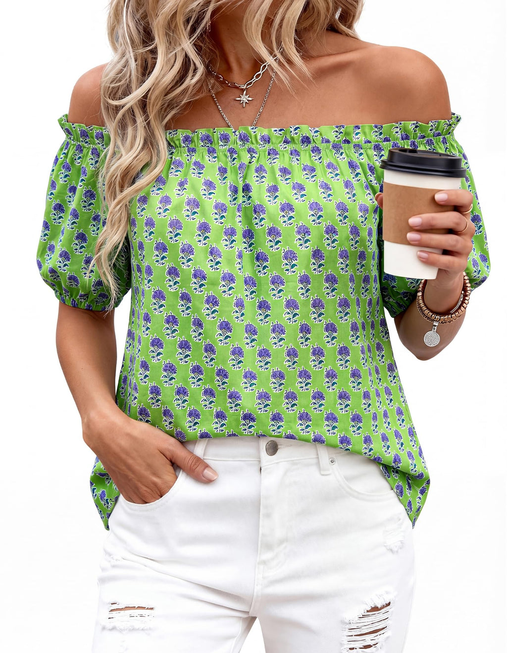 BTFBM Off The Shoulder Spring Tops for Women Summer Blouses Boho Floral Short Sleeve Shirts Dressy Casual Outfits