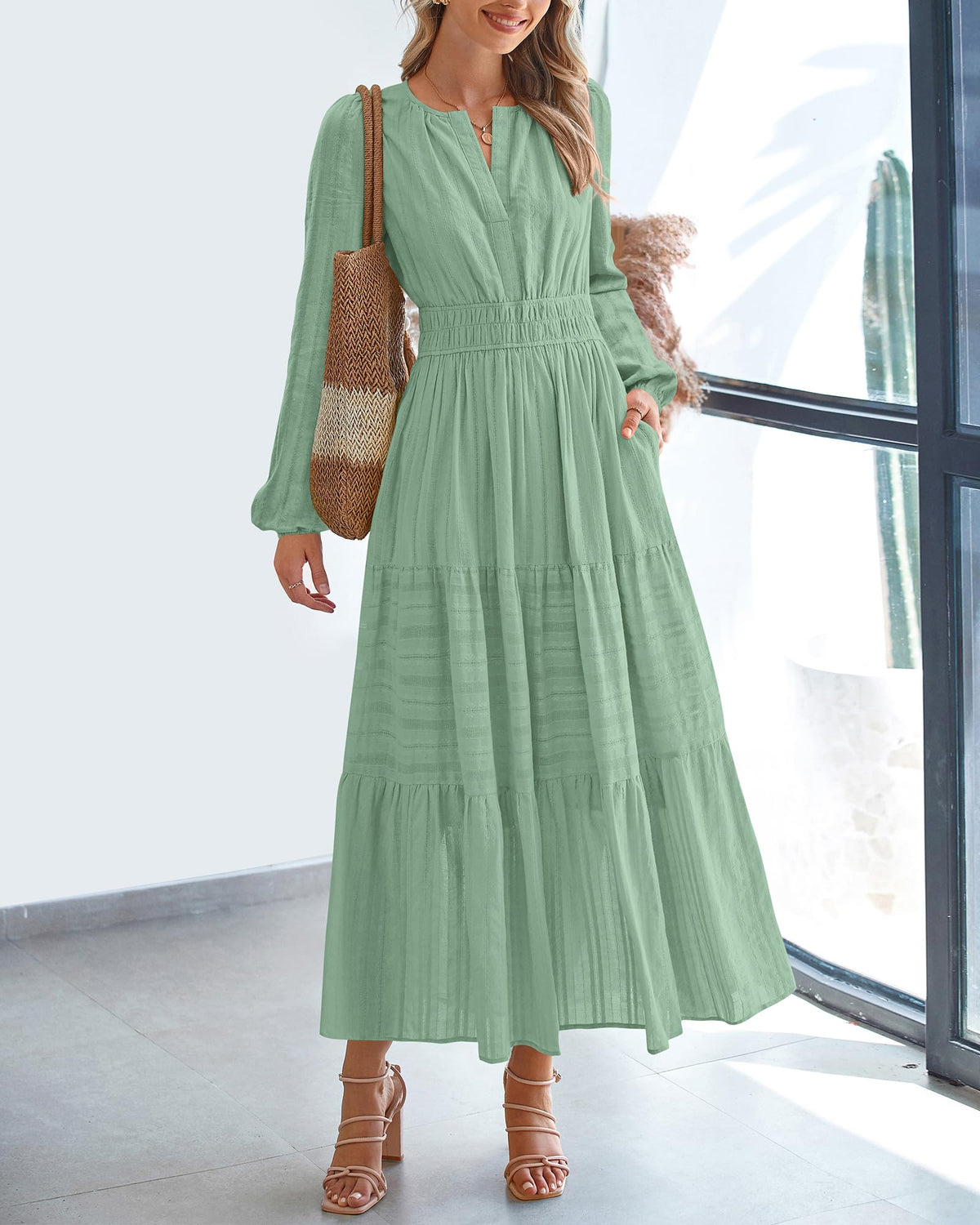 BTFBM Spring Dresses for Women 2026 Casual Long Sleeve V Neck Elastic Waist Lightweight Maxi Wedding Guest Dress Pockets