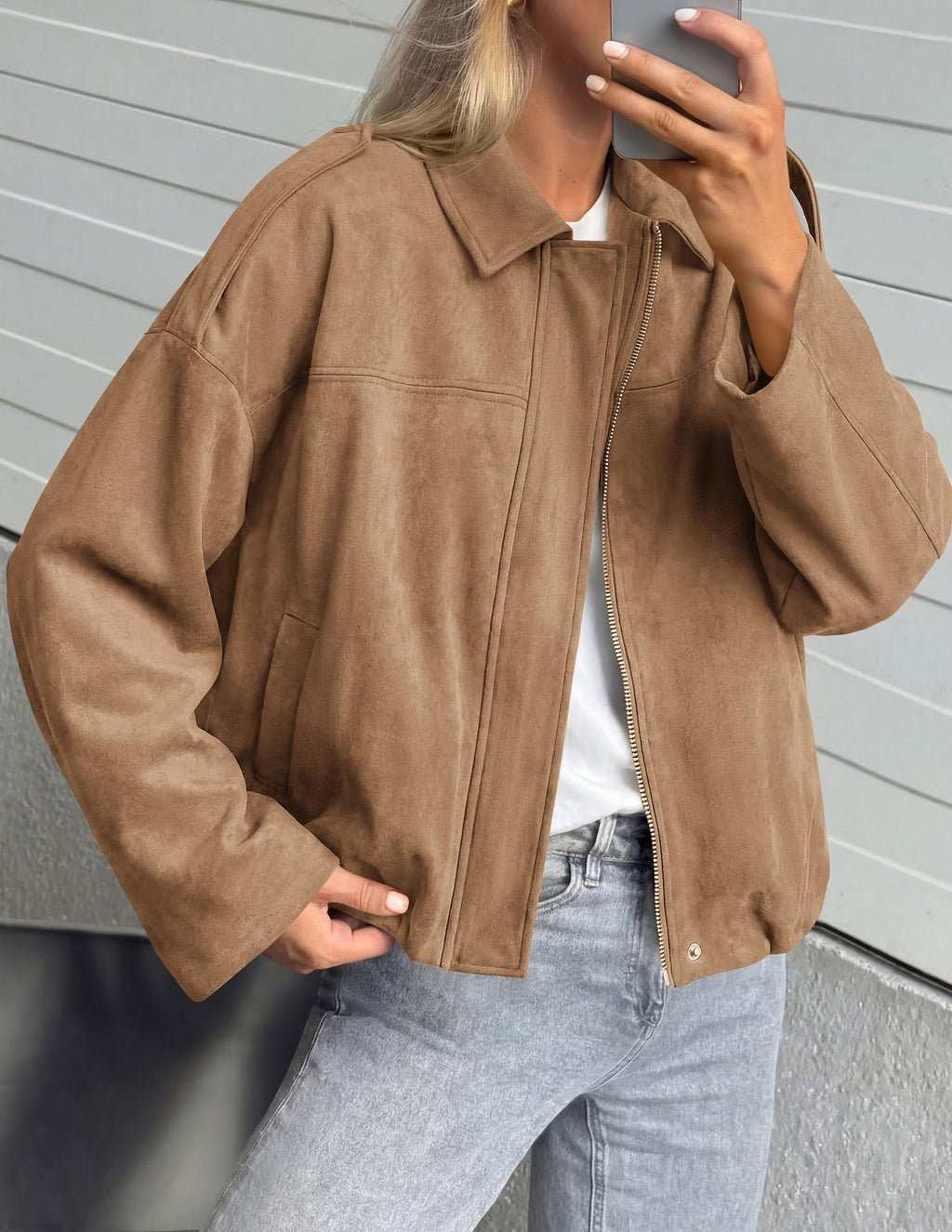 PRETTYGARDEN Women's Faux Suede Cropped Bomber Jacket | Long Sleeve Zip Up Casual Going Out Jackets Coat, Oversized Loose Fit Western Outfits, Trendy Outerwear, Fall Clothes