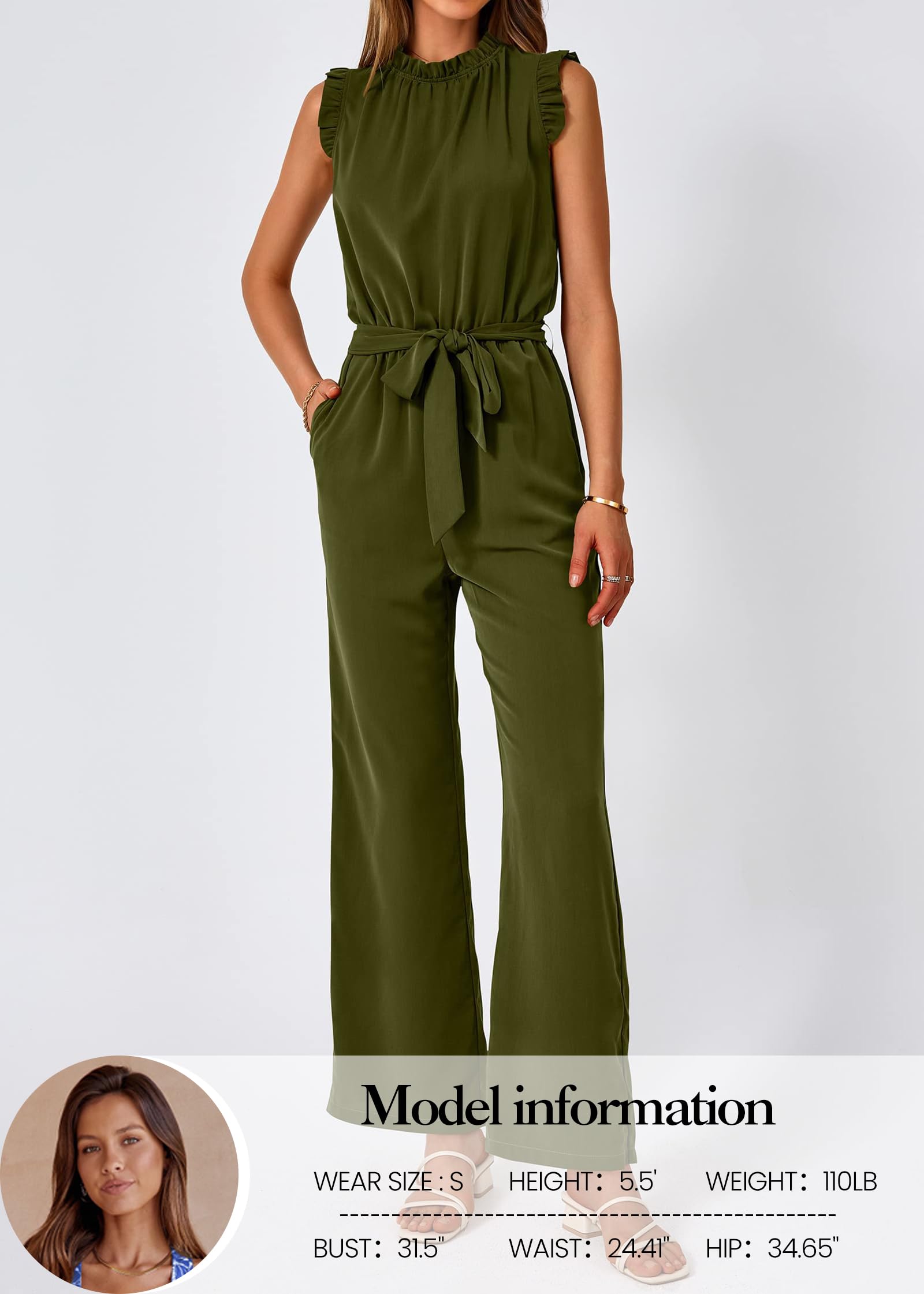 FreshPretty Jumpsuits For Women Dressy Summer One Piece Sleeveless Ruffle Mock Neck Belt Pockets Formal Wide Leg Pants Romper
