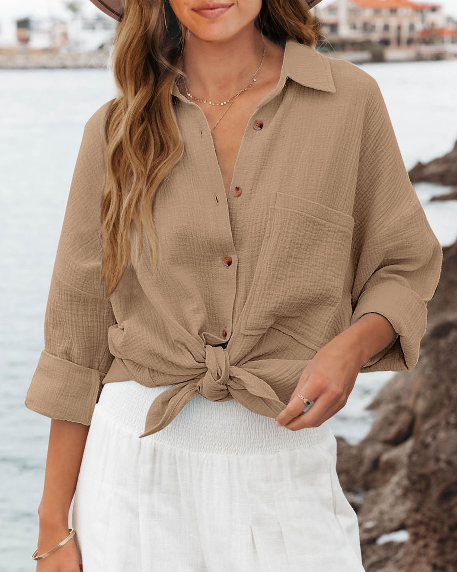 FreshPretty Casual Shirts for Women Long Sleeve Button Down Blouses Fall Solid Color Trendy Tops with Pocket