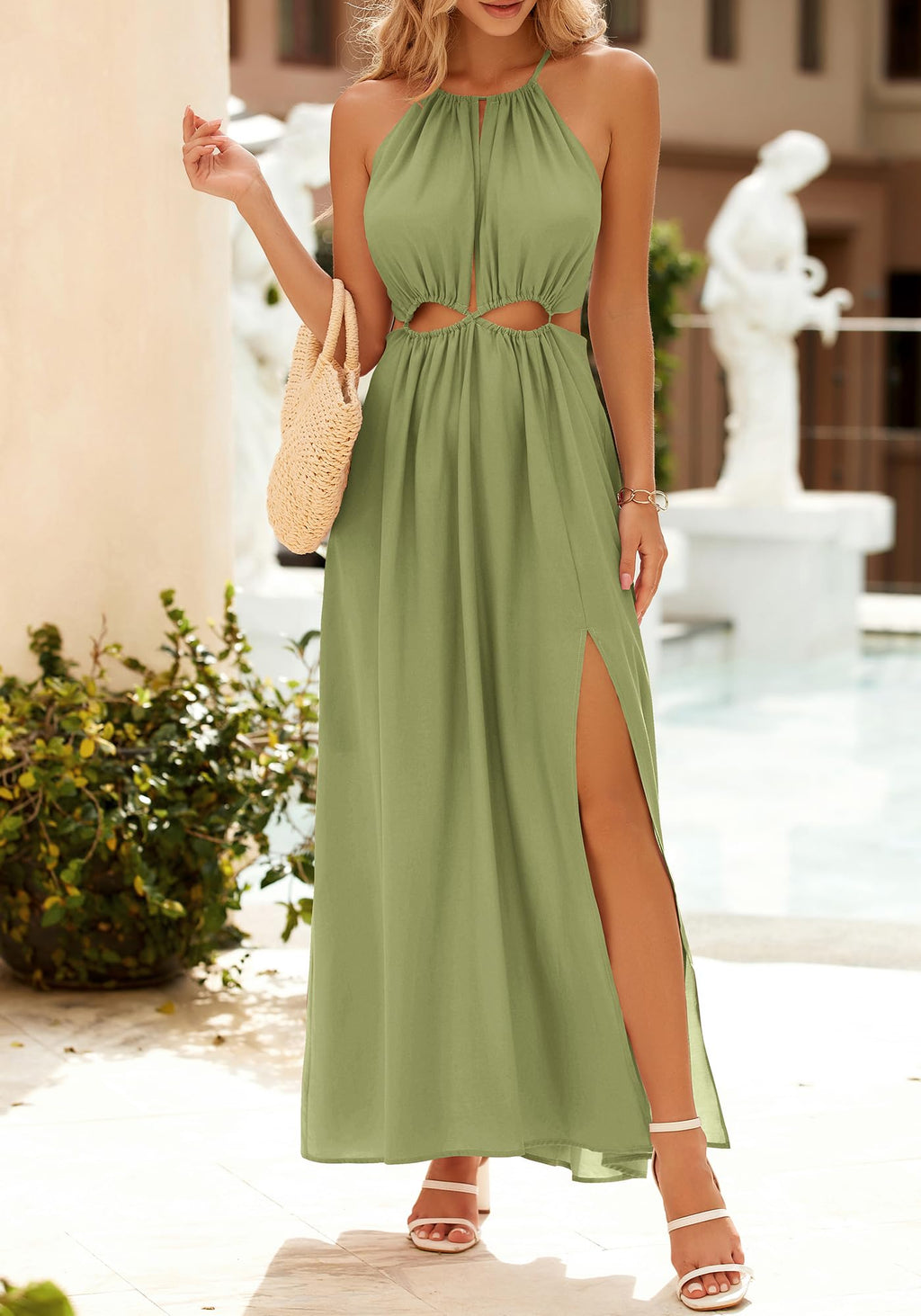 BTFBM Women Halter Summer Dresses Sleeveless Cutout Backless Sundress Slit Boho Maxi Beach Wedding Guest Dress