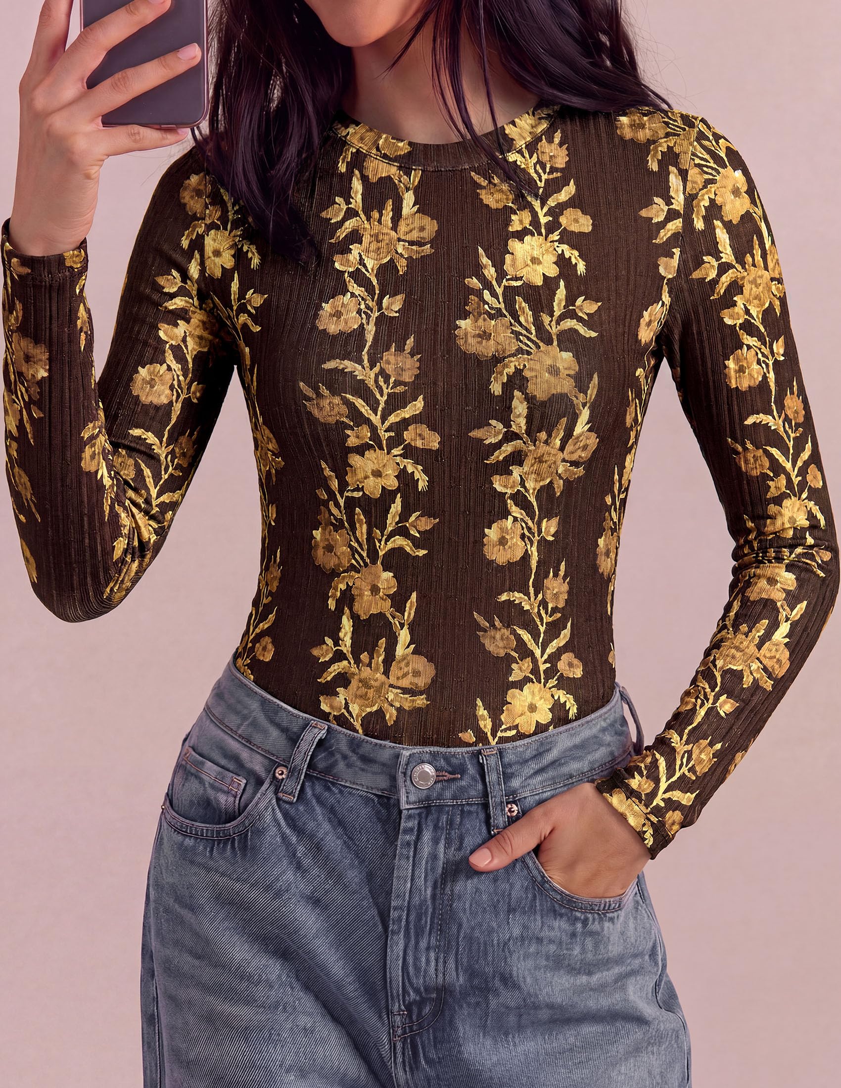 PRETTYGARDEN Womens Long Sleeve Shirts Floral Y2K Tops Soft Lightweight Ribbed Knit Top,Fitted Waist,Crew Neck Slim Fit,Going Out Vacation Outfits,Layering Fall Winter Clothes