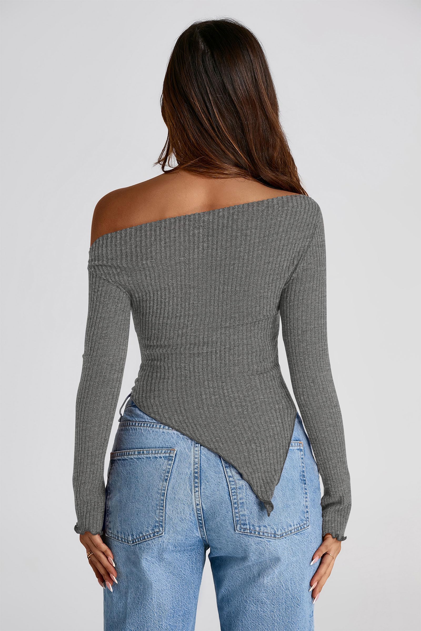 PRETTYGARDEN Women's Spring Long Sleeve Y2K Crop Top Trendy Off Shoulder Asymmetrical Fitted Knit Tee Shirts Going Out Tops