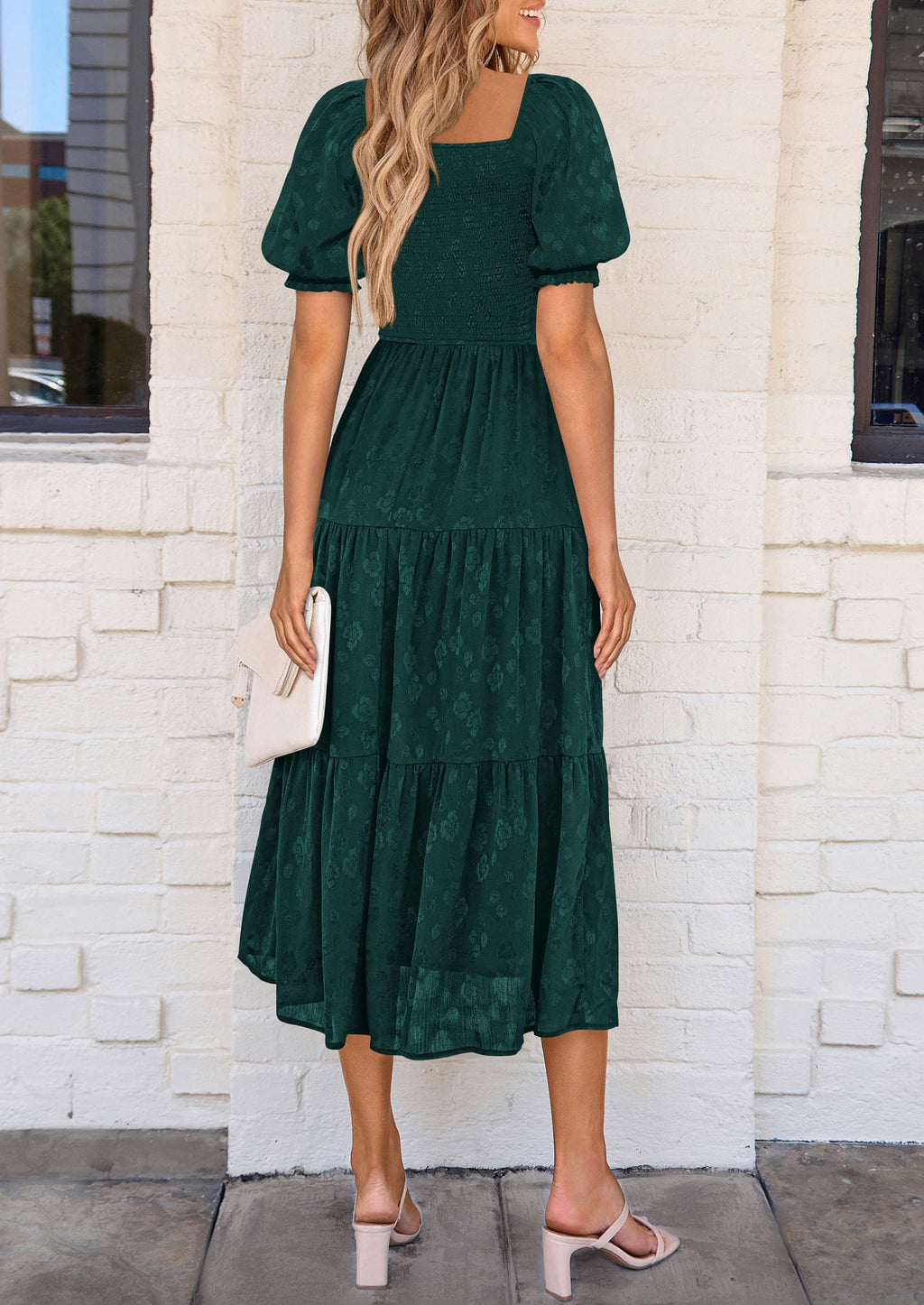 PRETTYGARDEN Women's Summer Casual Midi Dresses Square Neck Short Sleeve Smocked A Line Floral Flowy Elegant Boho Dress