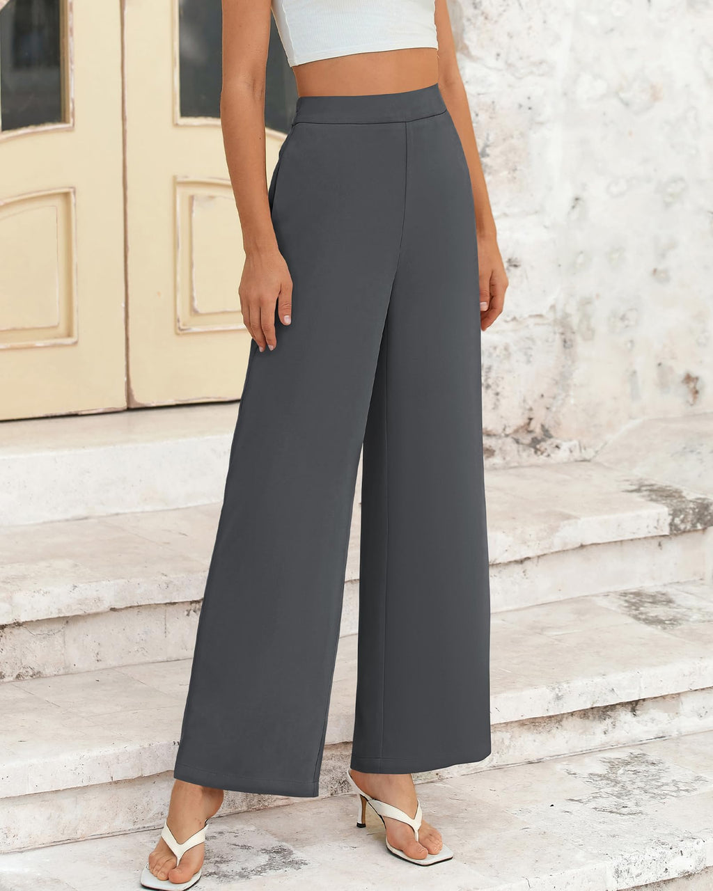 FreshPretty Women High Waisted Wide Leg Pants Spring Business Casual Work Pants Loose Office Palazzo Trousers Pockets