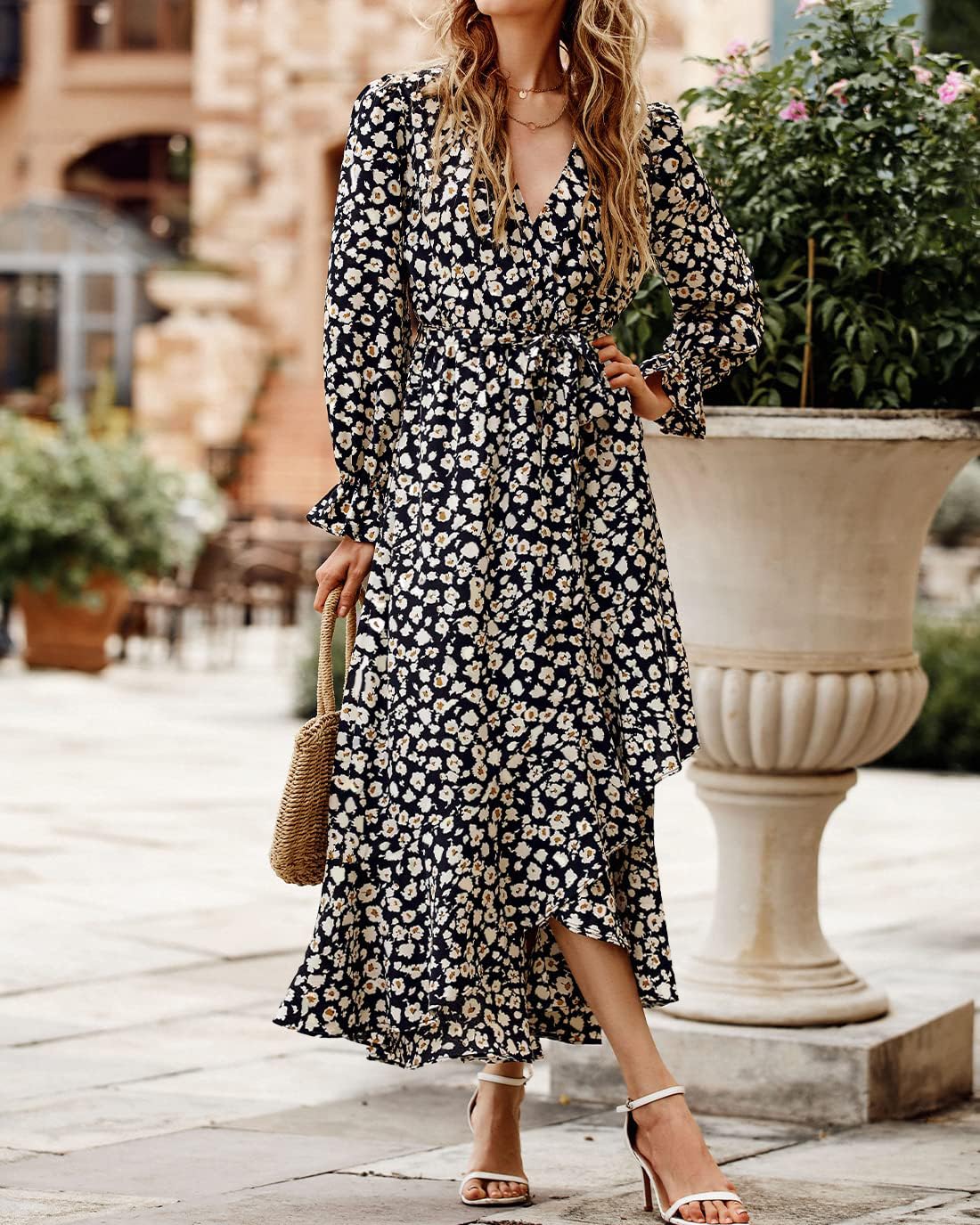 BTFBM Womens Dresses Summer V Neck Floral High Waist Ruffle Wedding Guest Cocktail Boho Spring Long Sleeve Dress