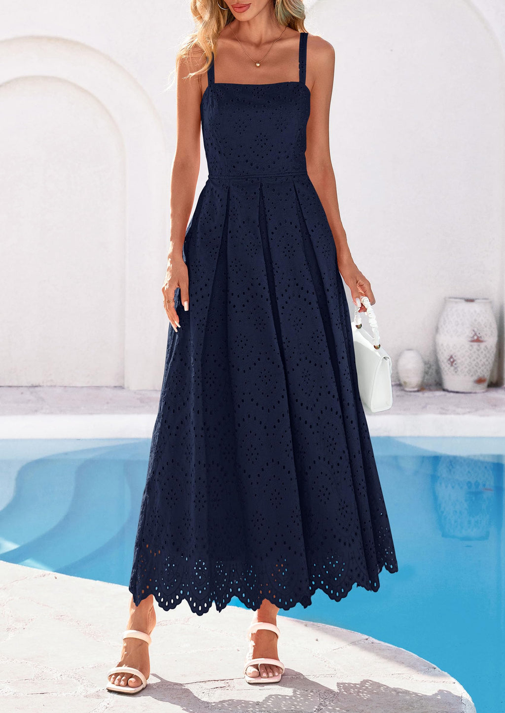 PRETTYGARDEN Womens Sleeveless Maxi Summer Dresses Hollow Out Eyelet Square Neck Ruffle Flowy Beach Vacation Sundress