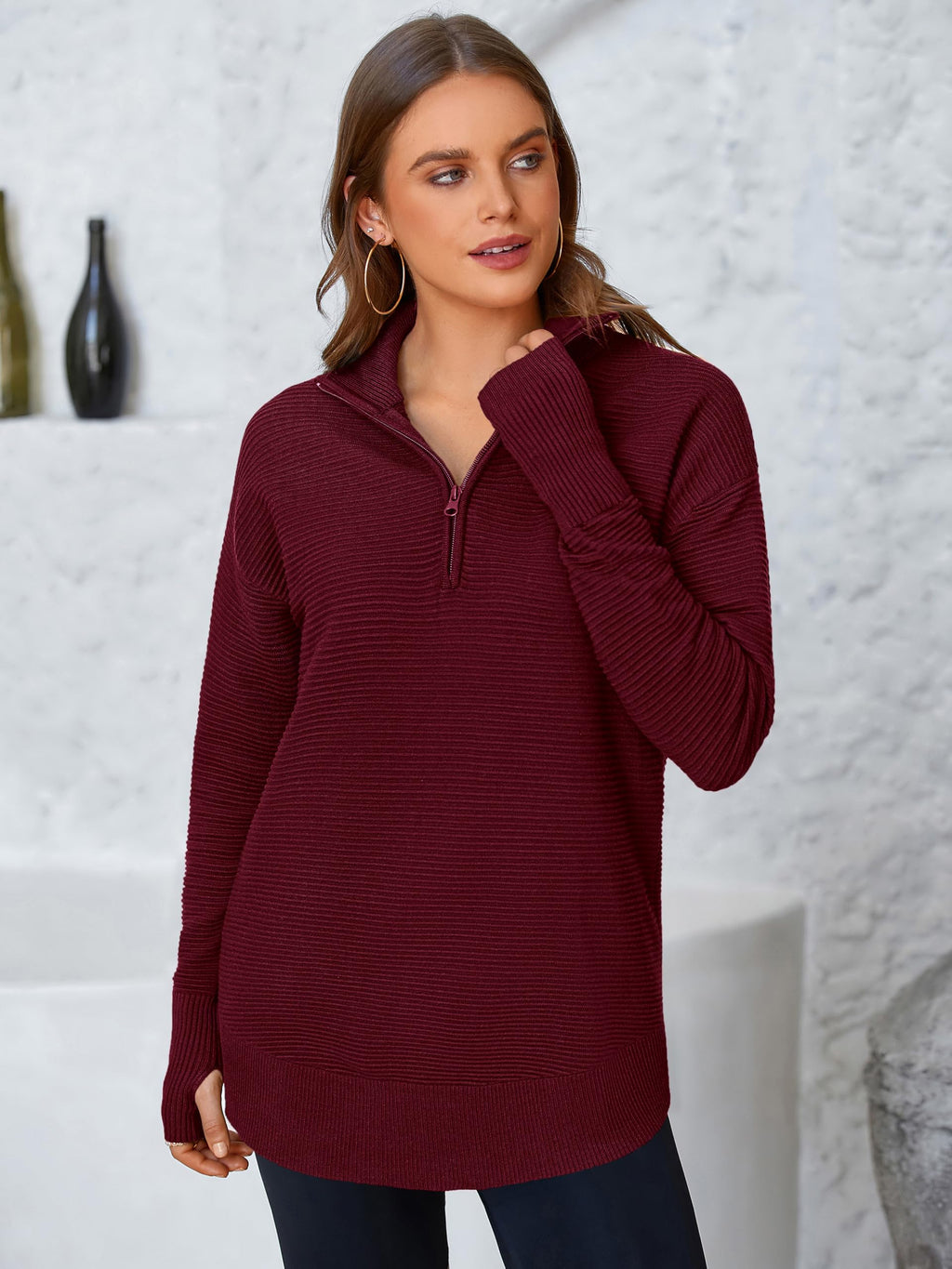 PRETTYGARDEN Womens Long Sleeve Quarter Zip Pullover Sweater Casual Loose V Neck Collared Ribbed Knit Jumper Tops Thumb Hole