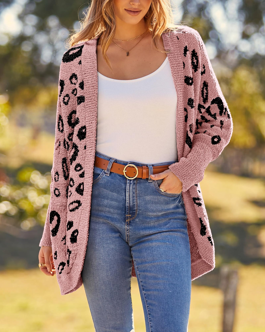 FreshPretty Leopard Cardigan for Women Long Sleeve Open Front Cardigans Sweaters Pockets Loose Knit Fall Winter Outwear