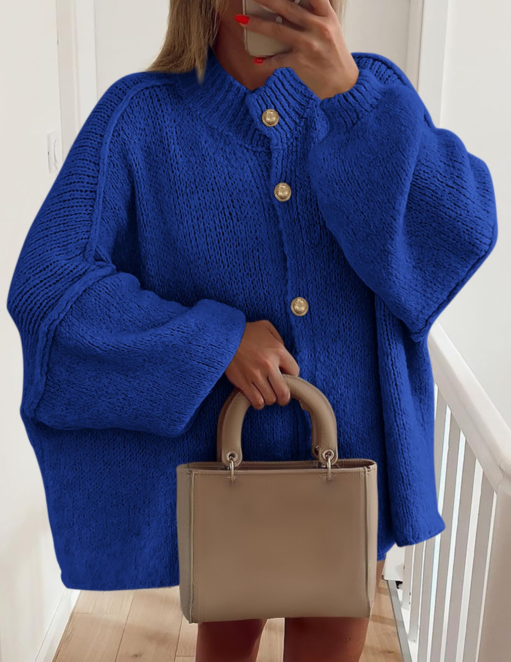 PRETTYGARDEN Women's Winter Button Down Cardigan Sweaters Mock Neck Lantern Long Sleeve Chunky Knit Jacket Trendy Outerwear