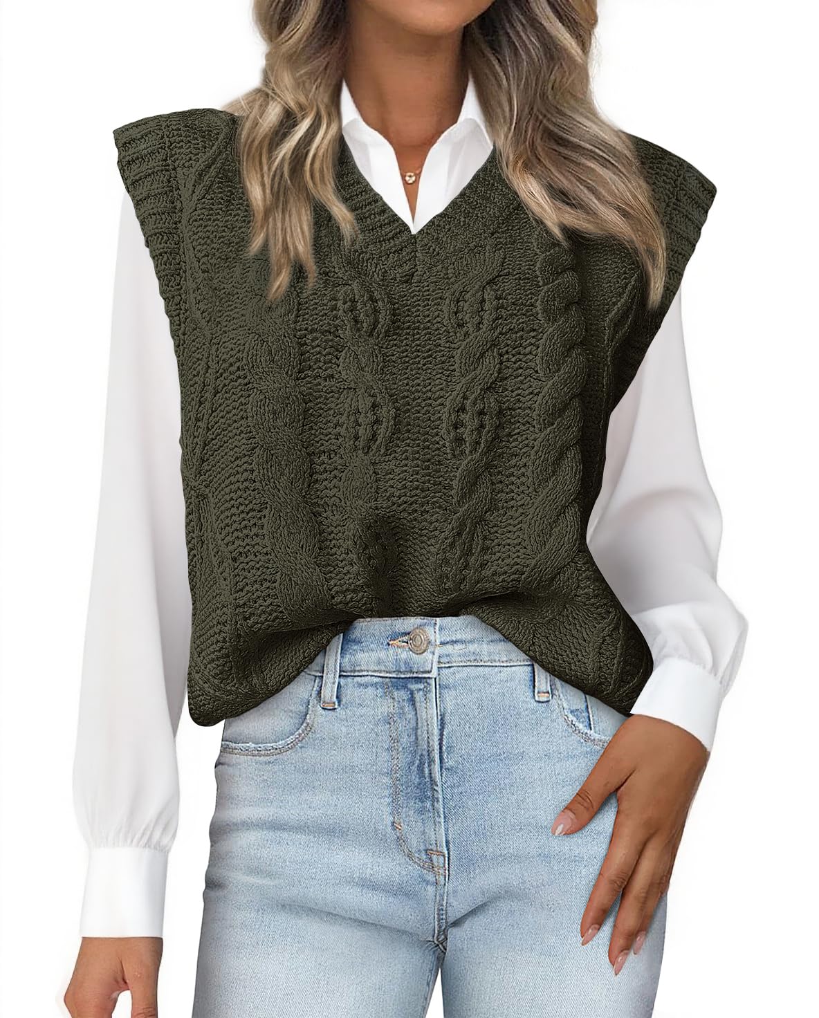 FreshPretty Sweater Vest Women Oversized V Neck Cable Knit Casual Pullover Sweaters Fall Outfits Sleeveless Tops